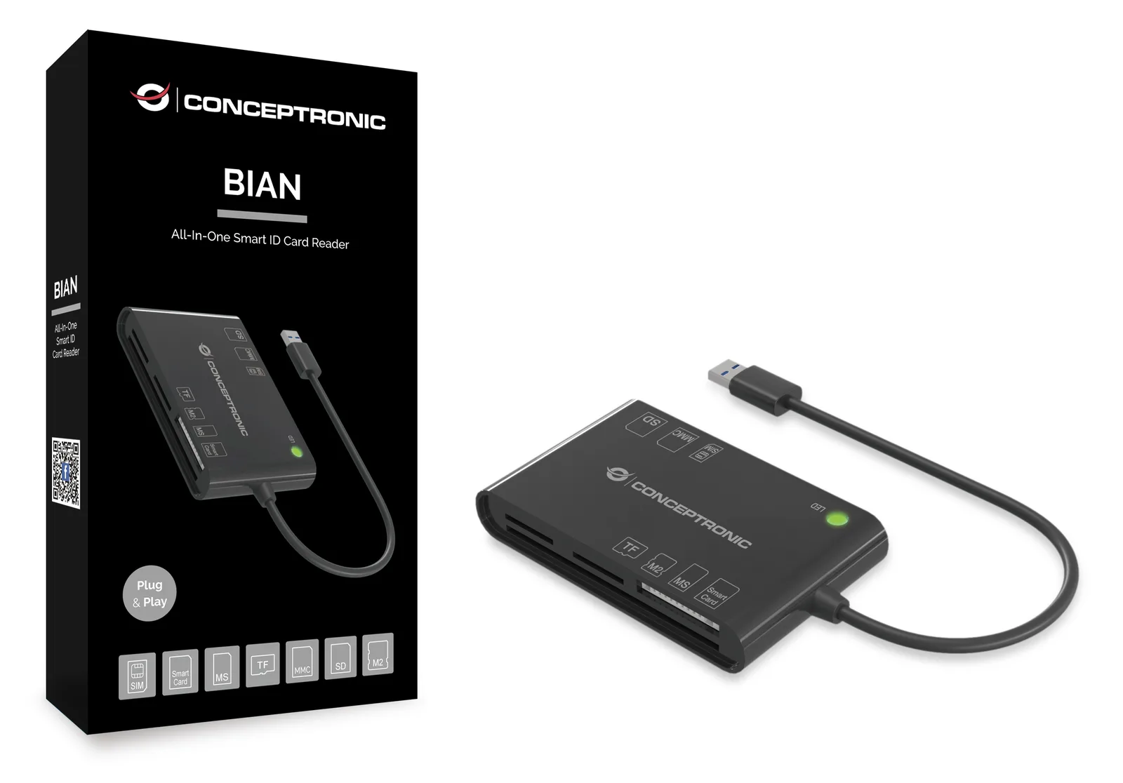 Conceptronic BIAN All-in-One Smart-ID Kartenleser - USB 3.2 Gen 1 (3.1 Gen 1) - Schwarz - 26 g, Ansicht 2