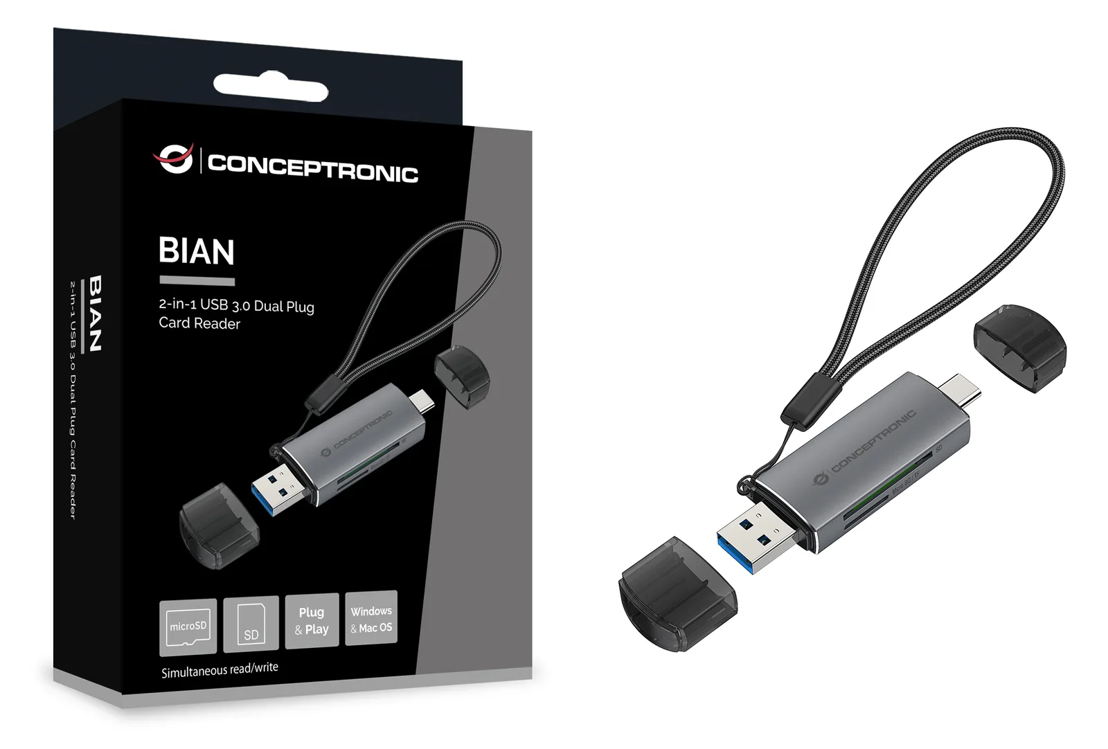 Conceptronic BIAN05G 2-in-1 Dual Plug Kartenleser USB 3.0 - SD/MicroSD 3.0 - UHS-I - MicroSD (TransFlash) - SD - SDHC, Ansicht 2