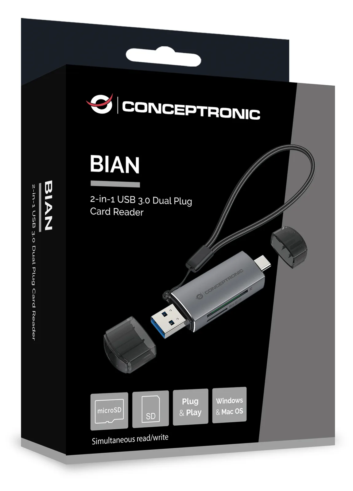 Conceptronic BIAN05G 2-in-1 Dual Plug Kartenleser USB 3.0 - SD/MicroSD 3.0 - UHS-I - MicroSD (TransFlash) - SD - SDHC, Ansicht 3