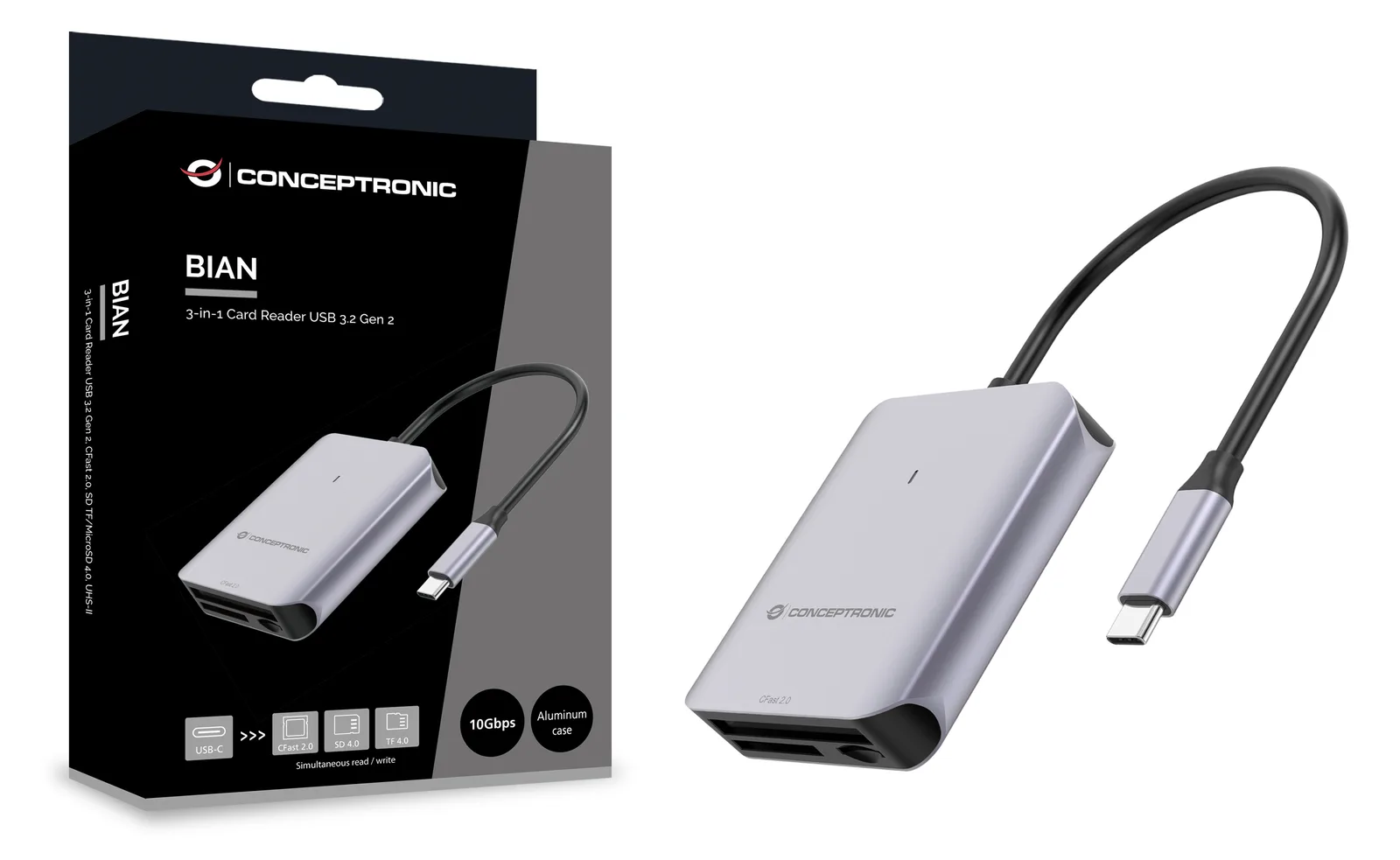 Conceptronic Card USB 3.2 Gen2 CFast SD/TF 4.0 UHS-II - Card-Reader - CompactFlash ATA Serial Transfer (CFast), Ansicht 4