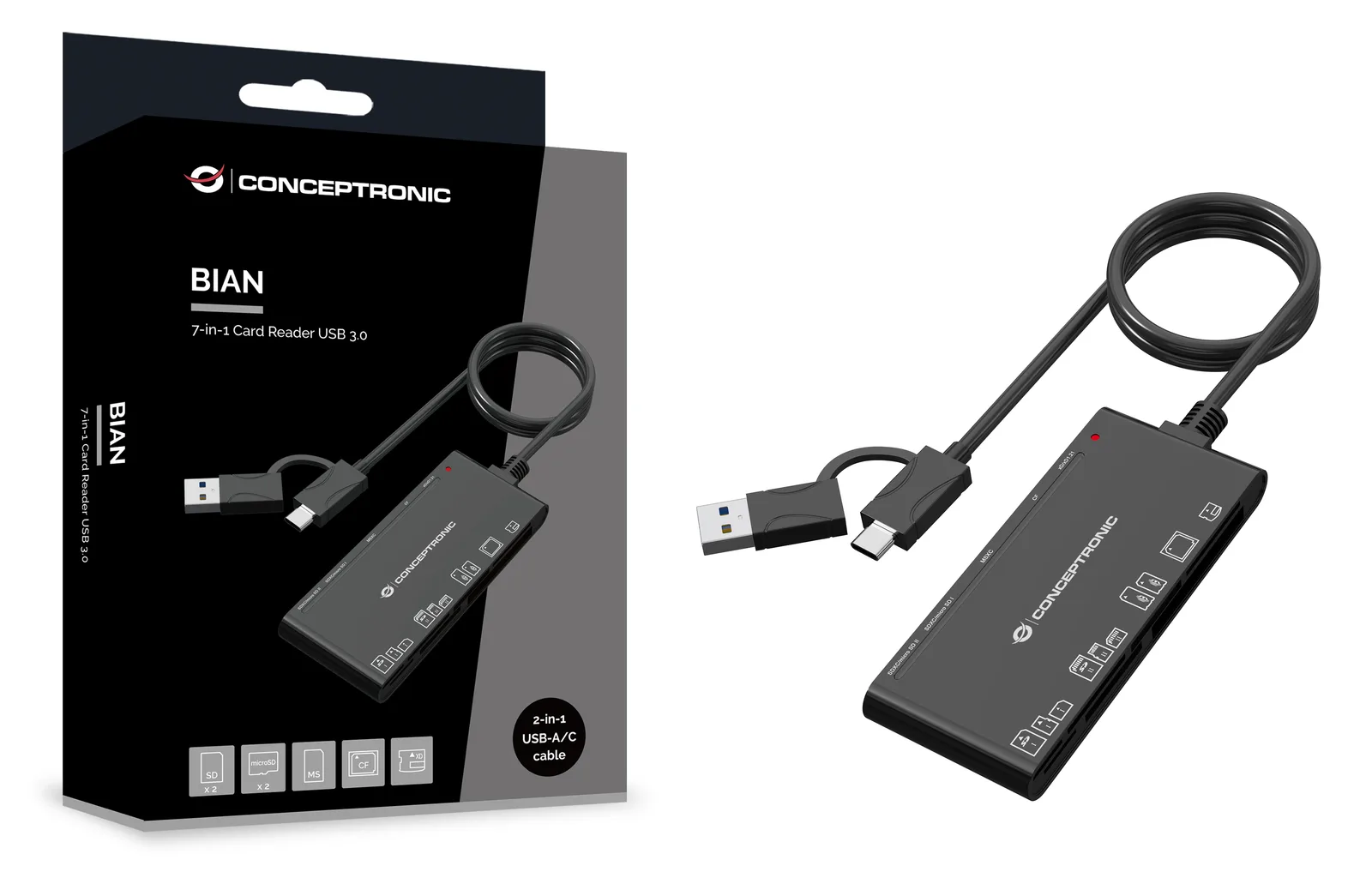 Conceptronic Card USB-A/C->SD/MicroSD/+ schwarz - Card-Reader - CompactFlash (CF Typ 1/CF+), Ansicht 3