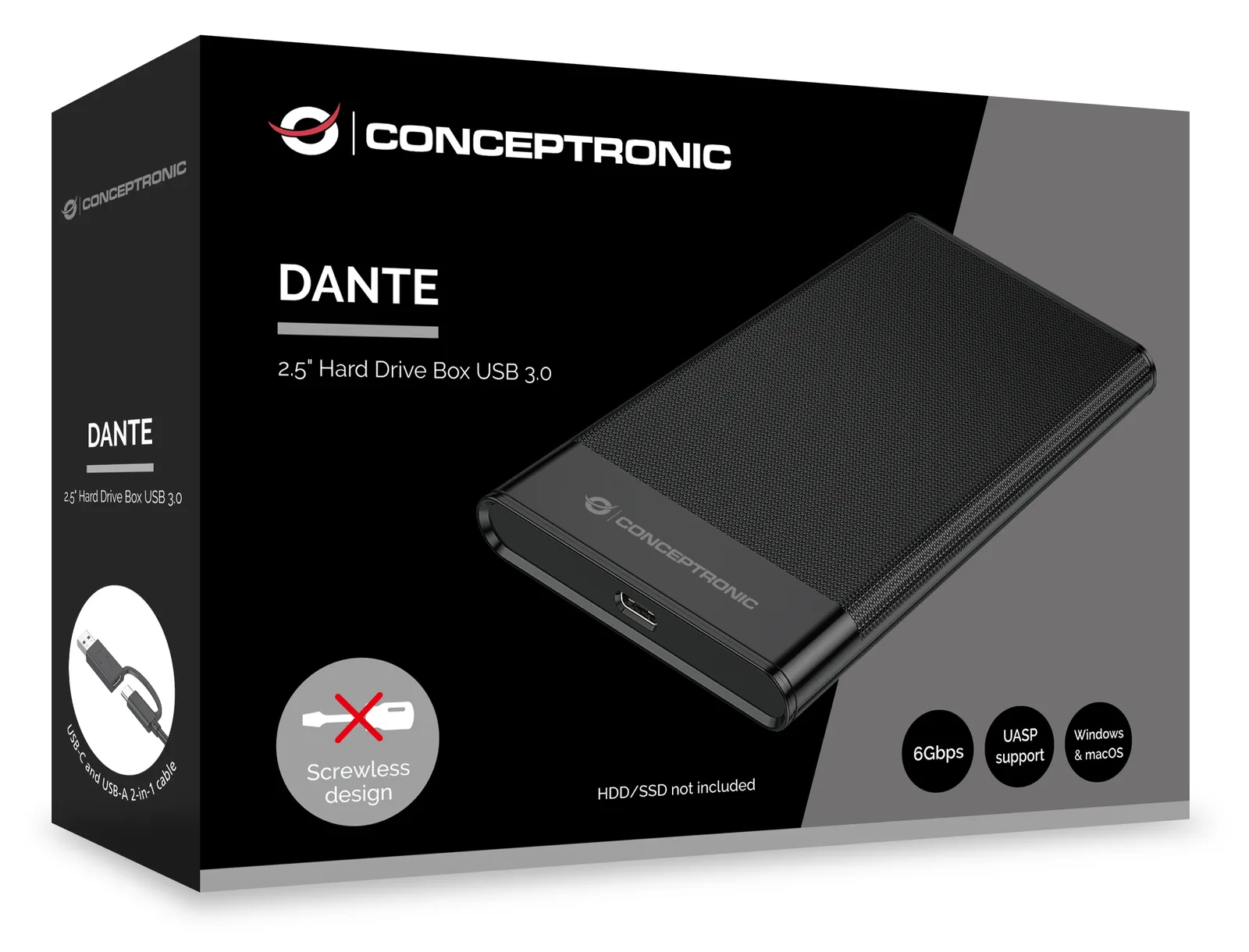 Conceptronic HDD Gehäuse 2.5 SATA I-III HDD/SSD USB-A &-C - HDD-Wechselrahmen - 2,5 (DANTE06B) - HDD-Wechselrahmen, Ansicht 3