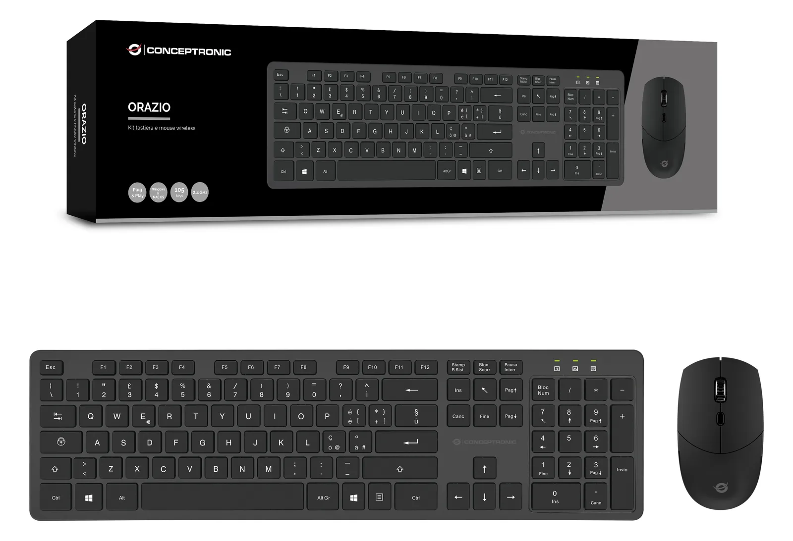 Conceptronic ORAZIO - Tastatur-und-Maus-Set - kabellos - 2.4 GHz - Schwarz - TL: Italienisch, QWERTY, Ansicht 3