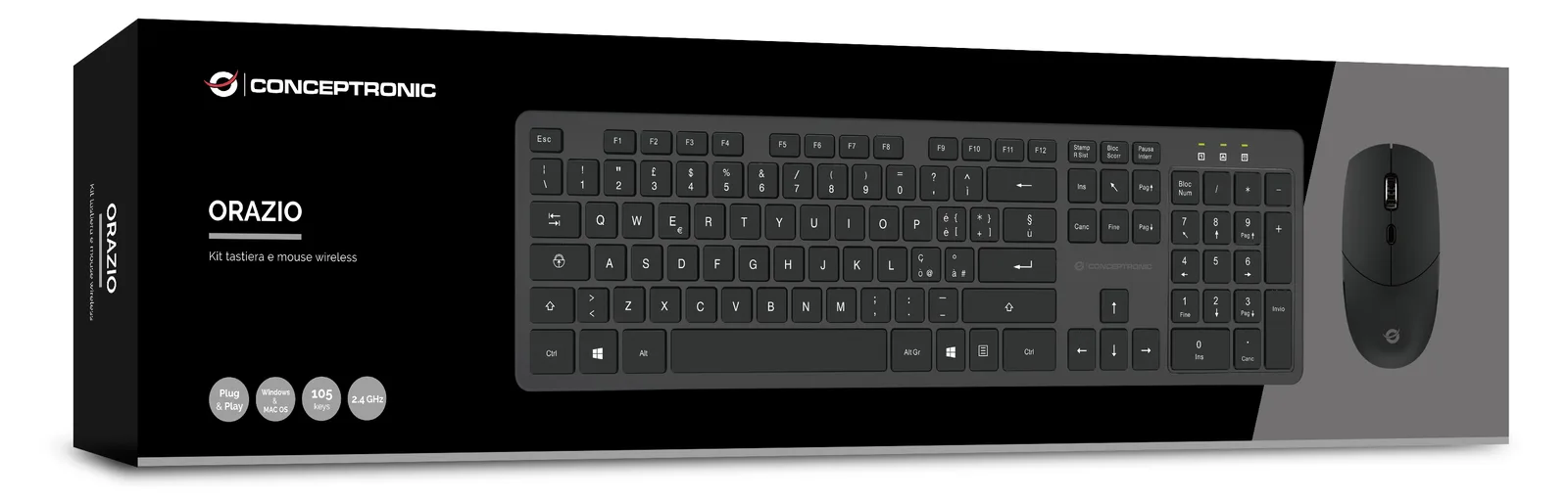Conceptronic ORAZIO - Tastatur-und-Maus-Set - kabellos - 2.4 GHz - Schwarz - TL: Italienisch, QWERTY, Ansicht 4