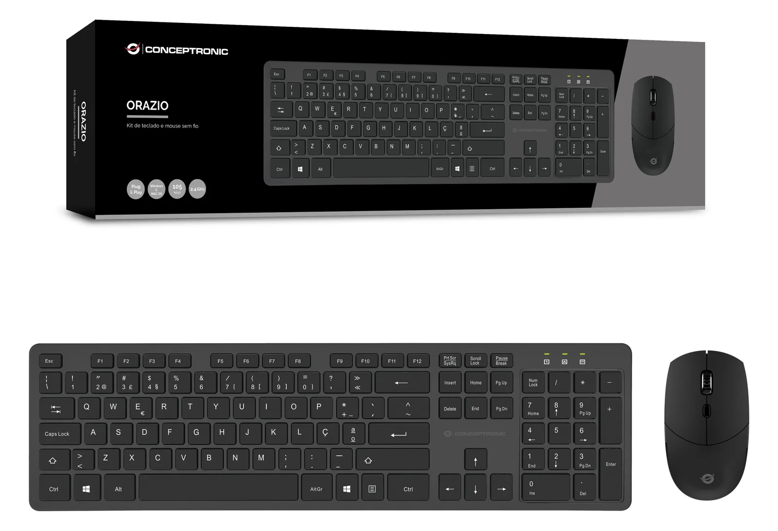 Conceptronic ORAZIO - Tastatur-und-Maus-Set - kabellos - 2.4 GHz - Schwarz - TL: Portugiesisch, QWERTY, Ansicht 3