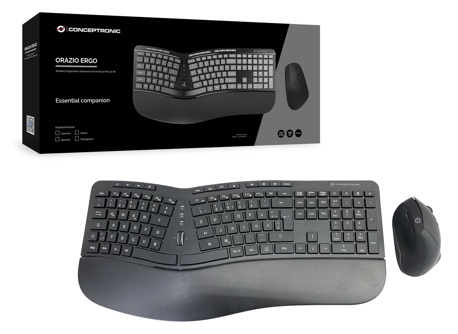 Conceptronic ORAZIO ERGO Kabelloses Set aus ergonomischer Tastatur und vertikaler Maus - TL: Deutsch, QWERTZ, Ansicht 2