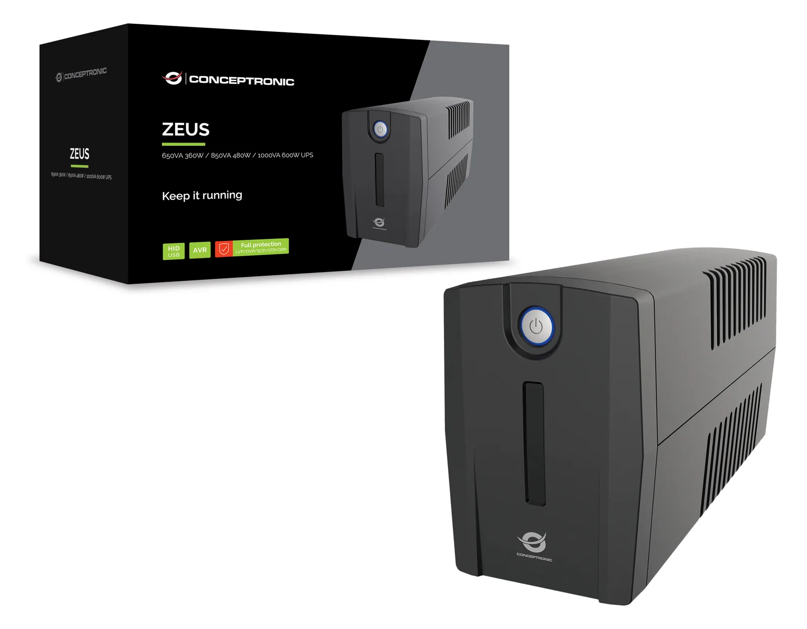 Conceptronic ZEUS01G 650VA 360W USV - 2x UK-Steckdosen - HID-USB - RJ45 Ein/Aus - mit AVR-Funktion - Line-Interaktiv, Ansicht 3