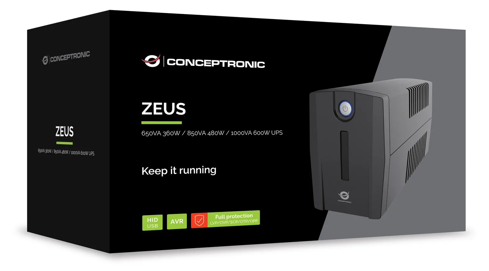 Conceptronic ZEUS01G 650VA 360W USV - 2x UK-Steckdosen - HID-USB - RJ45 Ein/Aus - mit AVR-Funktion - Line-Interaktiv, Ansicht 4