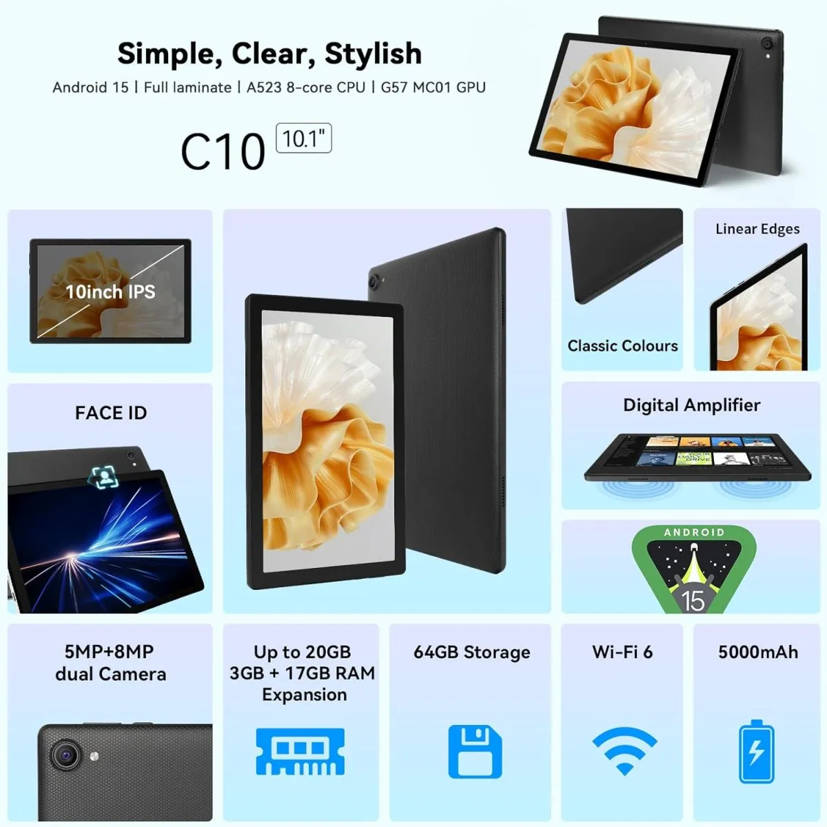 Android Tablet 10 Zoll - Android 15 Octa Core Gaming Tablet mit 20GB+64GB+1TB TF, Tablet PC mit OTG-Übertragung und Wi-Fi 6G, Widevine L1,5000mAh - Schwarz — Bild 2