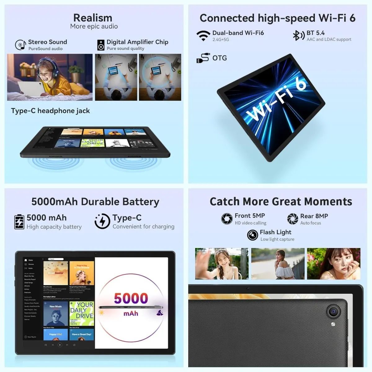 Android Tablet 10 Zoll - Android 15 Octa Core Gaming Tablet mit 20GB+64GB+1TB TF, Tablet PC mit OTG-Übertragung und Wi-Fi 6G, Widevine L1,5000mAh - Schwarz — Bild 6
