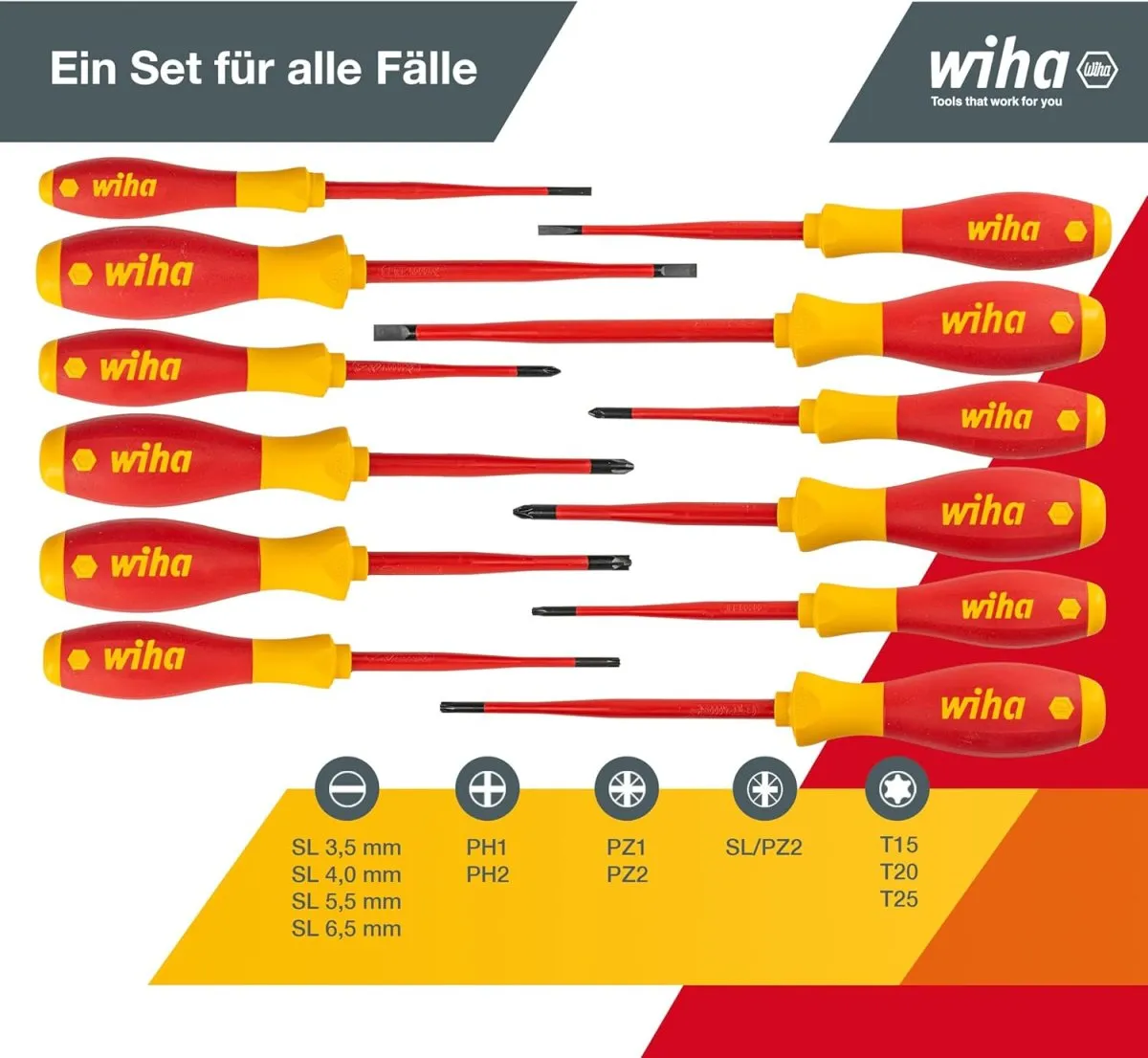 Wiha Schraubendreher Set 12-teilig, VDE geprüft, isoliert 1.000 V (41003) I Profi Schraubenzieher Set mit dünner Spitze Schlitz/Kreuz/Kreuzschlitz/Torx/Plusminus I Elektriker Werkzeug — Bild 3