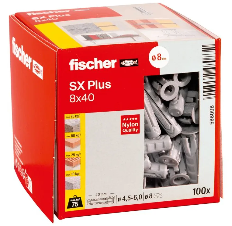fischer 568008 - Spreizdübel - Autoklaven-Porenbeton - Mauerziegel - Beton - Gipsfaserplatten... - Nylon - Grau - 8 mm, Ansicht 2