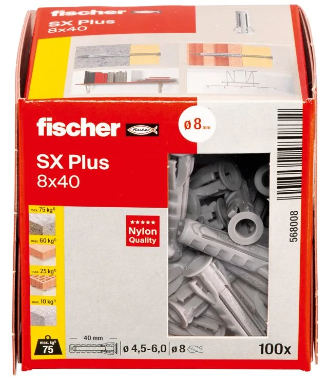 fischer 568008 - Spreizdübel - Autoklaven-Porenbeton - Mauerziegel - Beton - Gipsfaserplatten... - Nylon - Grau - 8 mm, Ansicht 4