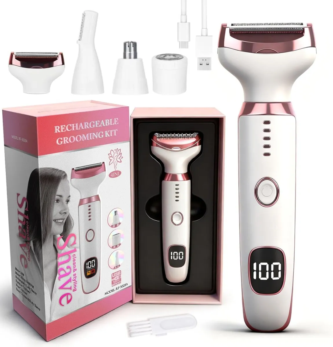 Elektrischer Damenrasierer 4-in-1 mit LED Display für Frauen & Männer, Nass- & Trockenrasierer IPX7 Wasserdicht, Kabelloser Lady Shaver mit Nasenhaar-, Augenbrauen- & Gesichtstrimmer
