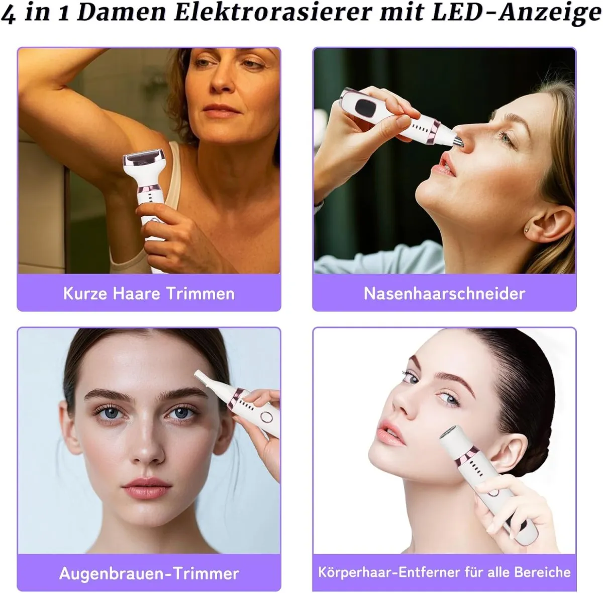 Elektrischer Damenrasierer 4-in-1 mit LED Display für Frauen & Männer, Nass- & Trockenrasierer IPX7 Wasserdicht, Kabelloser Lady Shaver mit Nasenhaar-, Augenbrauen- & Gesichtstrimmer — Bild 2