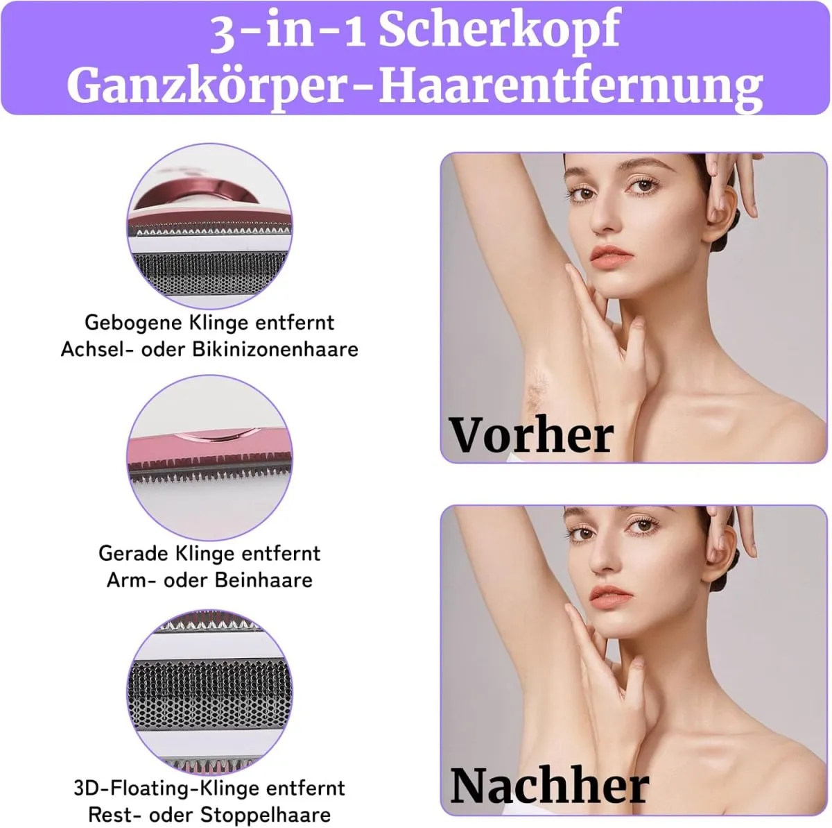 Elektrischer Damenrasierer 4-in-1 mit LED Display für Frauen & Männer, Nass- & Trockenrasierer IPX7 Wasserdicht, Kabelloser Lady Shaver mit Nasenhaar-, Augenbrauen- & Gesichtstrimmer — Bild 3