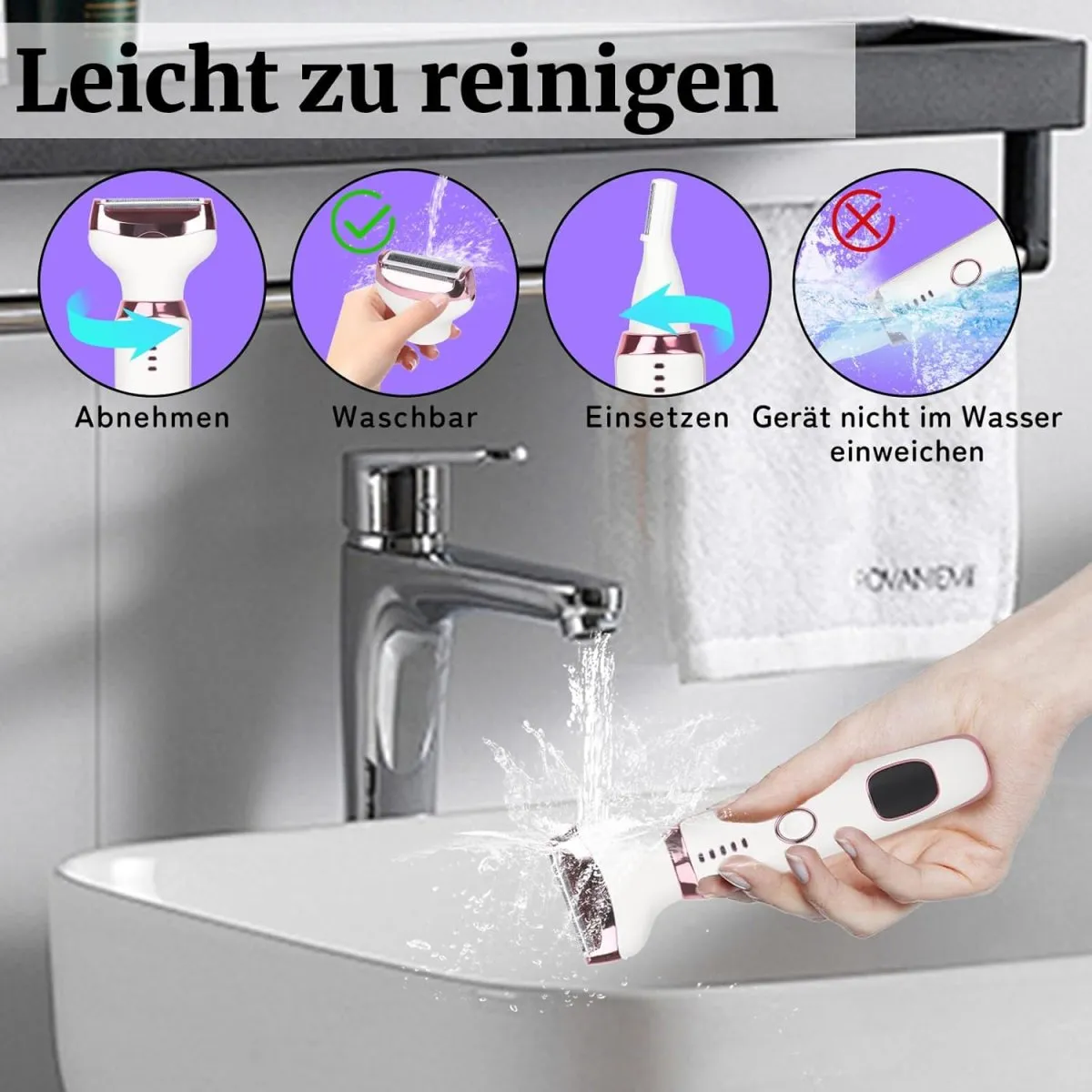 Elektrischer Damenrasierer 4-in-1 mit LED Display für Frauen & Männer, Nass- & Trockenrasierer IPX7 Wasserdicht, Kabelloser Lady Shaver mit Nasenhaar-, Augenbrauen- & Gesichtstrimmer — Bild 4