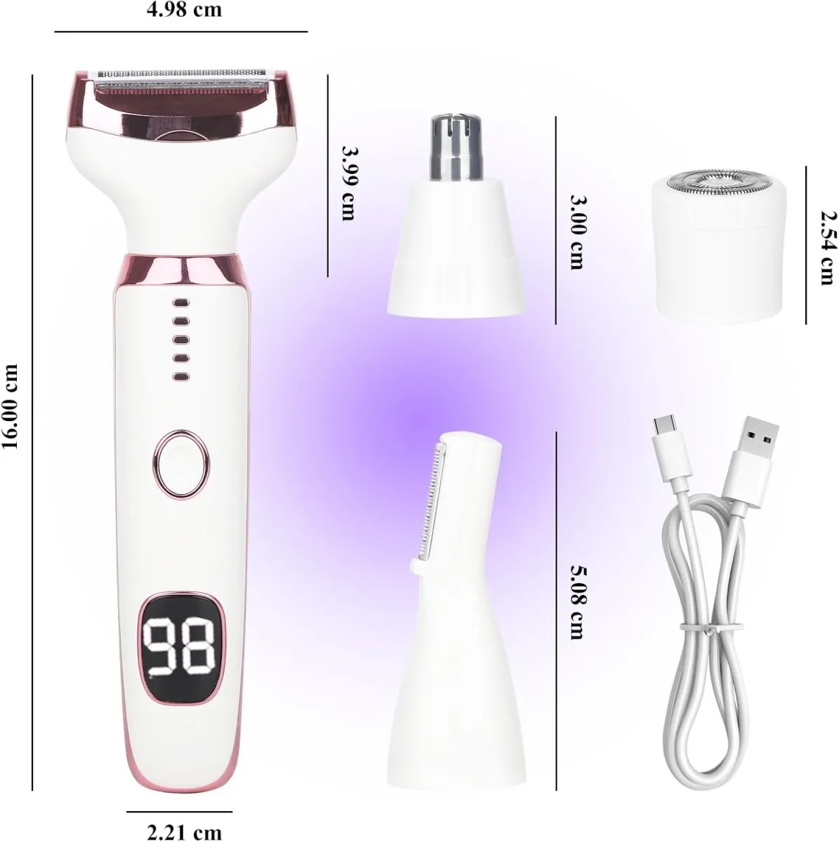 Elektrischer Damenrasierer 4-in-1 mit LED Display für Frauen & Männer, Nass- & Trockenrasierer IPX7 Wasserdicht, Kabelloser Lady Shaver mit Nasenhaar-, Augenbrauen- & Gesichtstrimmer — Bild 5