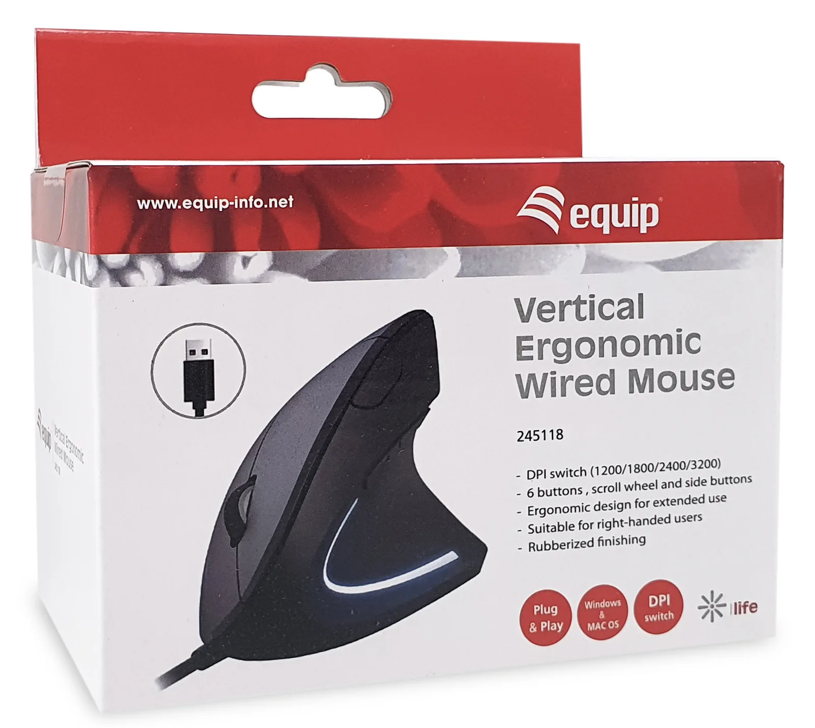Equip Ergonomische Maus USB-A Stecker Rechts schwarz - Maus - 6 Tasten, Ansicht 4