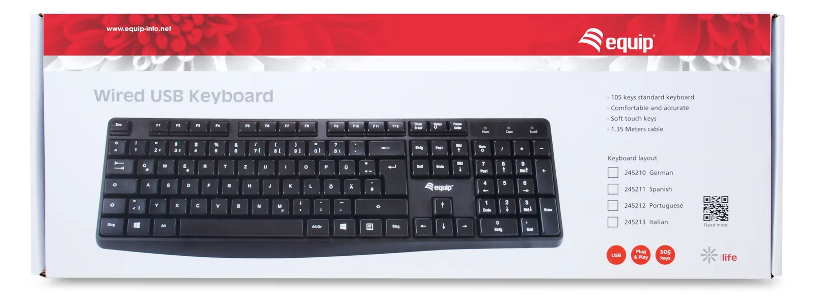 Equip Kabelgebundene USB Tastatur - Volle Größe (100%) - Kabelgebunden - USB - Schwarz - TL: Portugiesisch, QWERTY, Ansicht 3