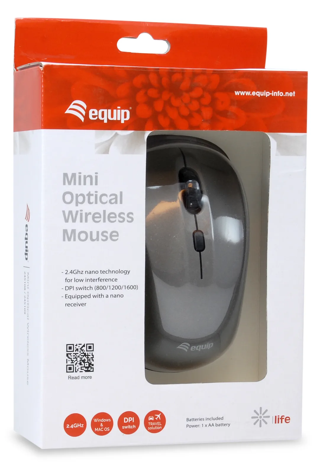 Equip Optische Mini Maus kabellos - Beidhändig - Optisch - RF Wireless - 1600 DPI - Grau, Ansicht 4