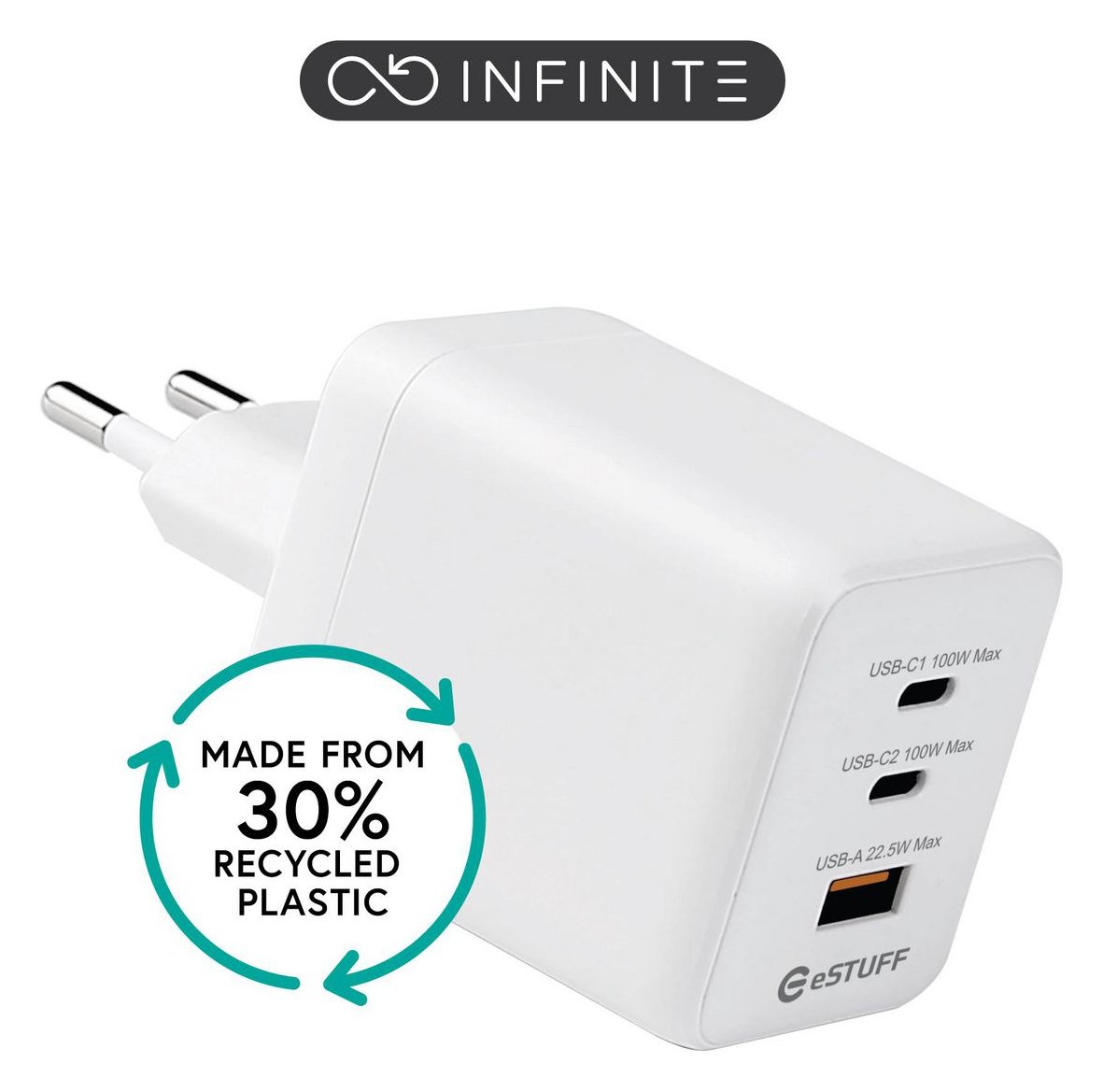 eSTUFF INFINITE USB-C Charger EU PD 100W GaN. 2 x USB-C. 1 x