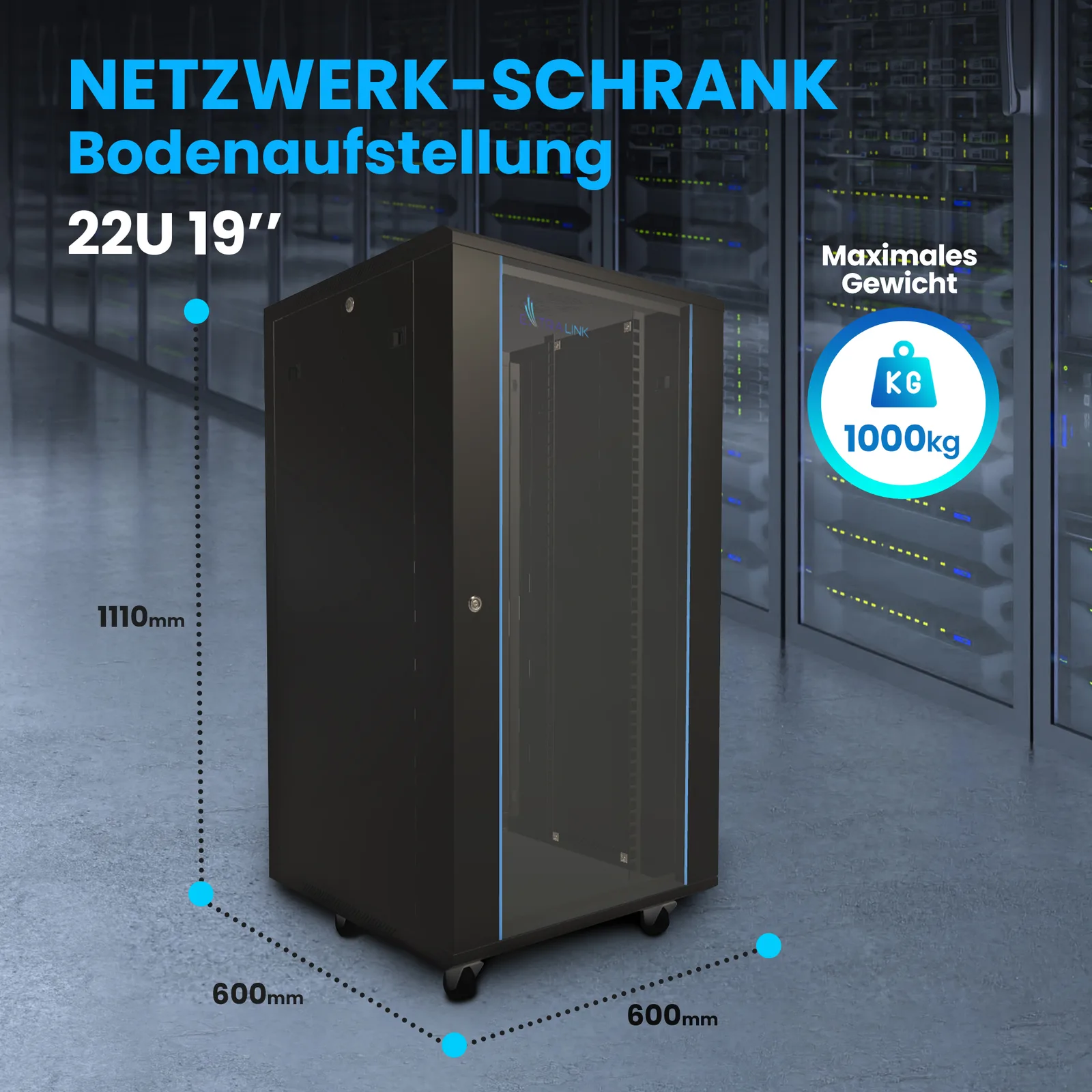 Extralink EX.14381 - Freistehendes Gestell - 22U - 600 kg - Sperrschloss - Ablageschienen - Verstellbare Füße, Ansicht 4