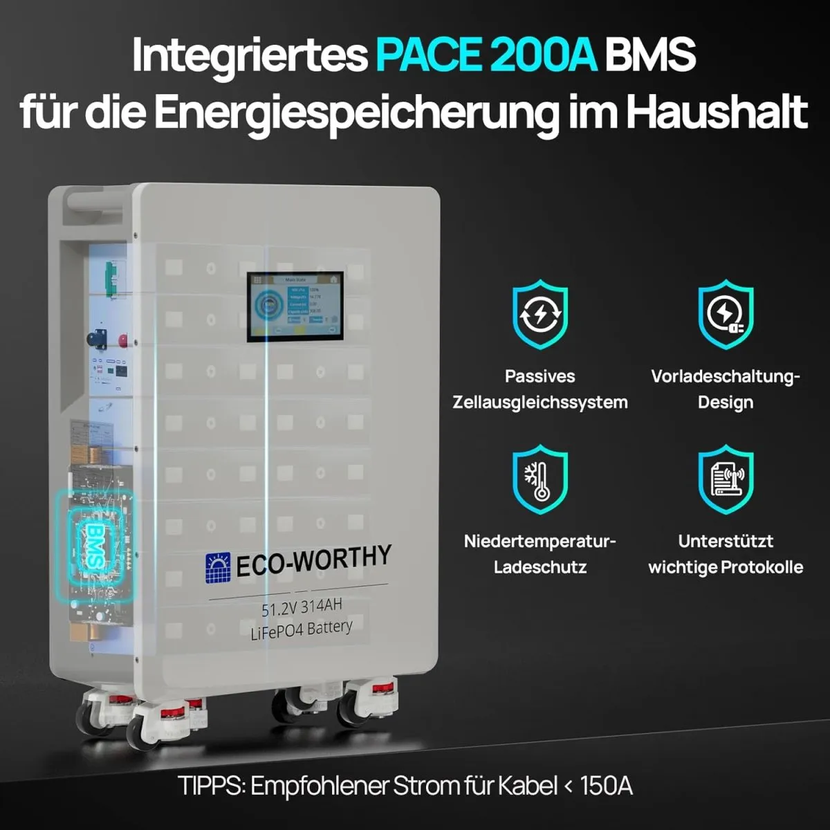 ECO-WORTHY 2PACK 48V 314Ah LiFePO4 Batterie 32,2kWh Stromspeicher und Leistungsschaltern 200A PACE BMS RS485/CAN/RS232 mit Bluetooth WLAN für Notstromversorgung zu Hause Netzunabhängige Solaranlagen — Bild 4
