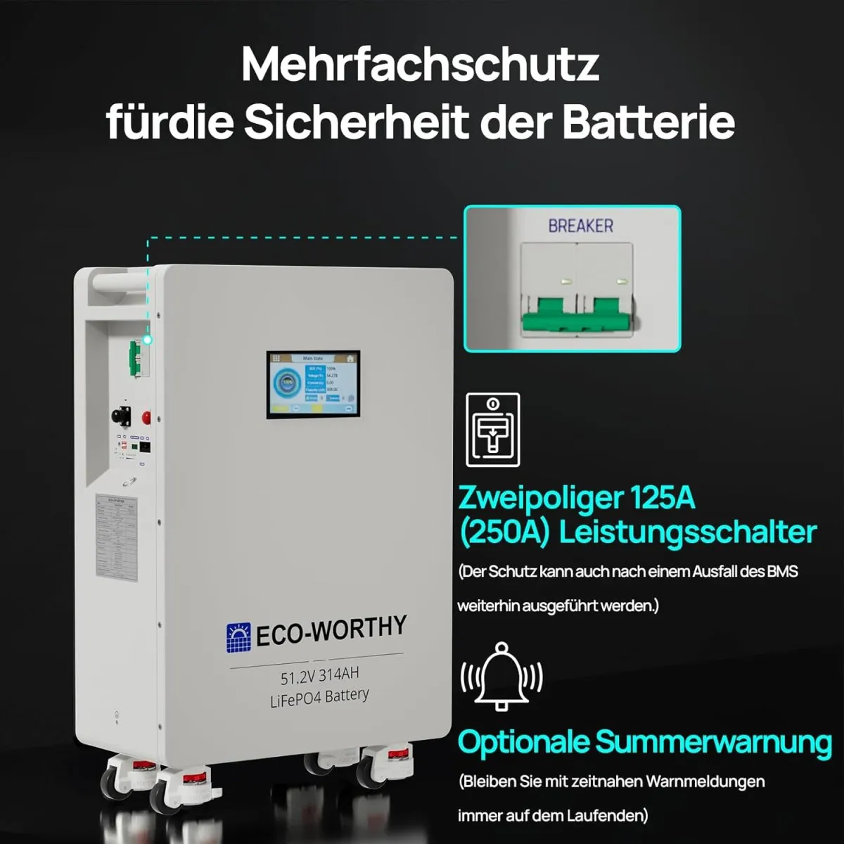 ECO-WORTHY 2PACK 48V 314Ah LiFePO4 Batterie 32,2kWh Stromspeicher und Leistungsschaltern 200A PACE BMS RS485/CAN/RS232 mit Bluetooth WLAN für Notstromversorgung zu Hause Netzunabhängige Solaranlagen — Bild 5