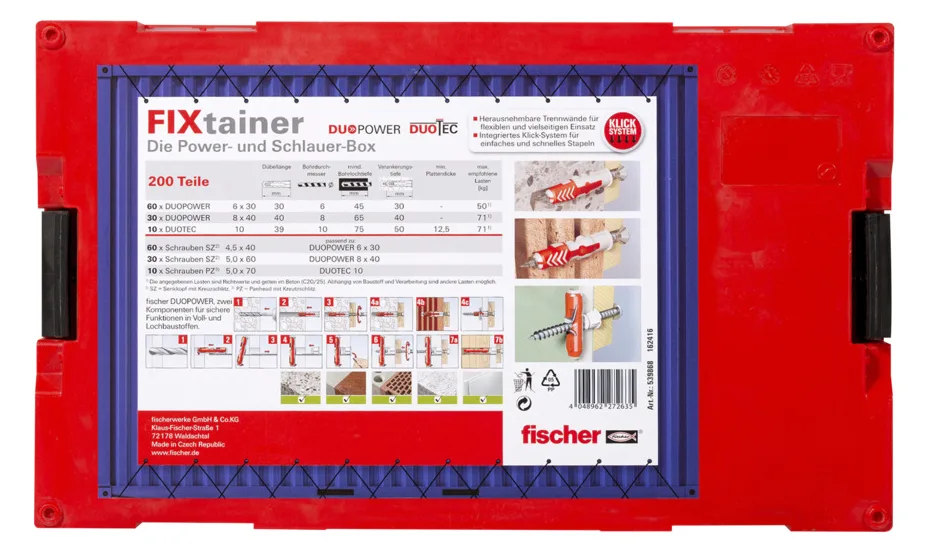 fischer FIXtainer-DUOPOWER/DUOTEC 200 - Spreizdübel - Beton - Metall - Grau - Rot - 90 Stück(e) - Box, Ansicht 4