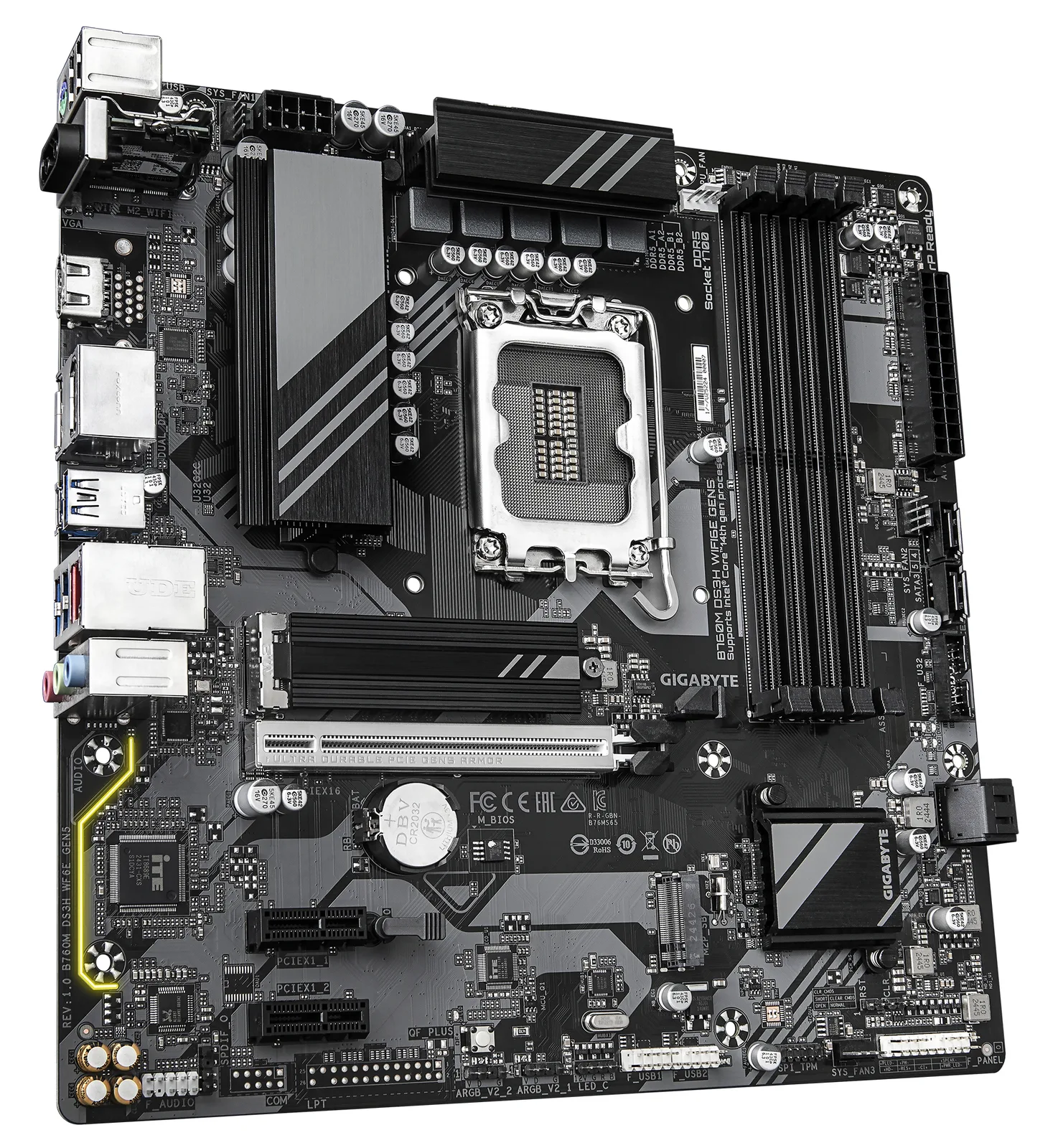 Gigabyte B760M DS3H WIFI6E GEN5 - Motherboard - micro ATX - LGA1700-Sockel - B760 Chipsatz - USB 3.2 Gen 1…, Ansicht 3