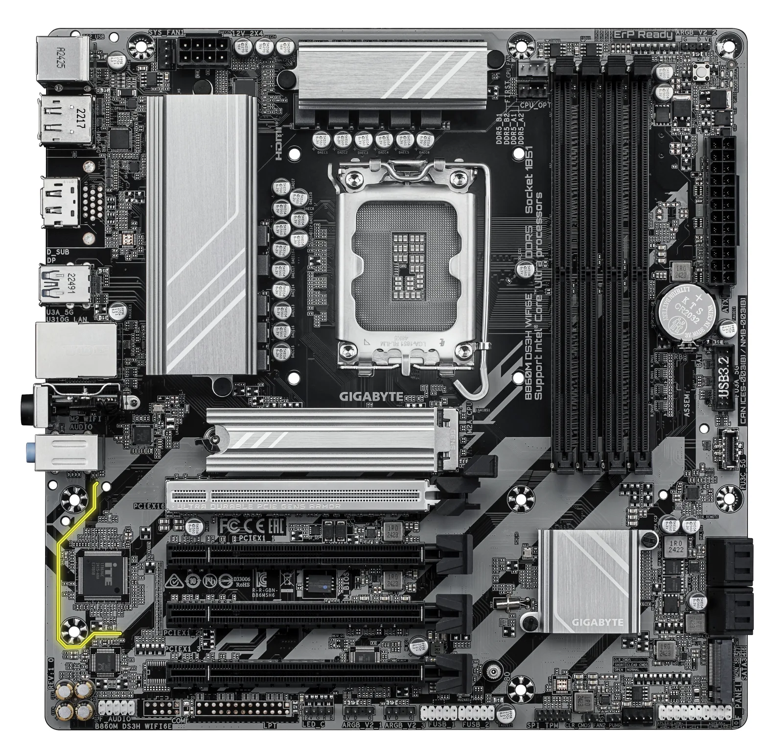 Gigabyte B860M DS3H WIFI6E - Motherboard - ATX - LGA1851-Sockel - AMD B850 Chipsatz - Onboard-Grafik (CPU erforderlich), Ansicht 2