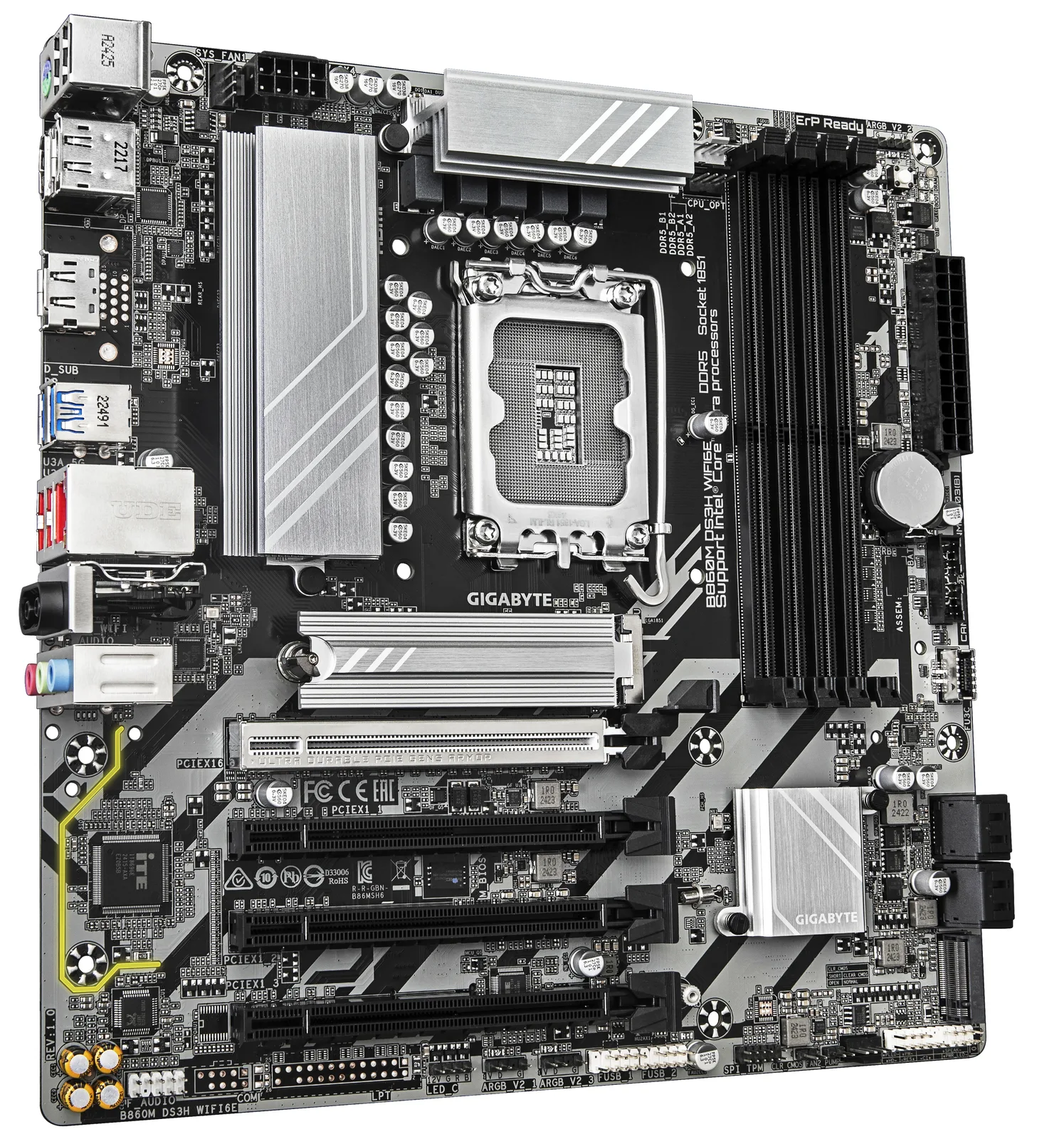 Gigabyte B860M DS3H WIFI6E - Motherboard - ATX - LGA1851-Sockel - AMD B850 Chipsatz - Onboard-Grafik (CPU erforderlich), Ansicht 3