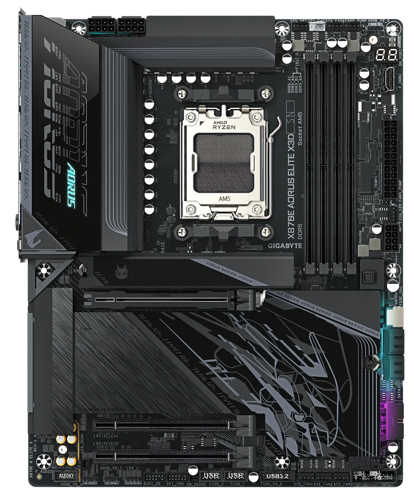 Gigabyte X870E AORUS ELITE X3D Mainboard – Unterstützt AMD Ryzen 9000 Prozessoren - ATX - AMD AM5, Ansicht 2