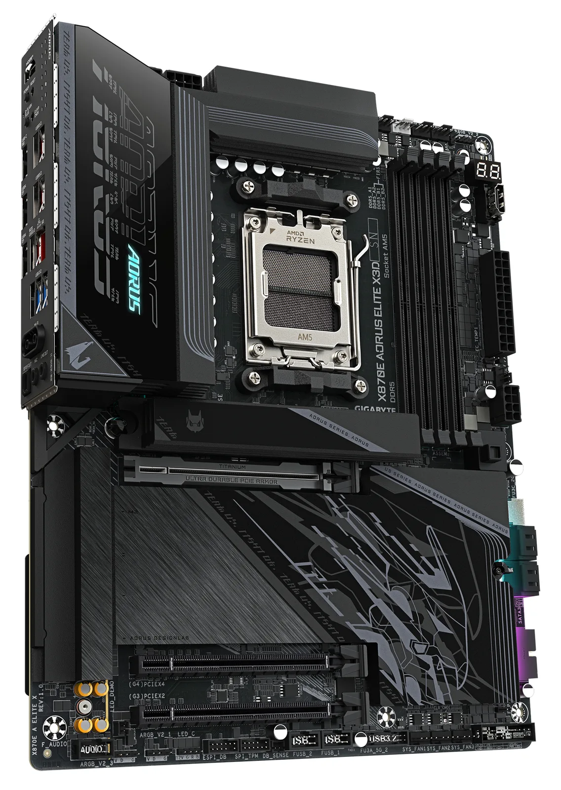 Gigabyte X870E AORUS ELITE X3D Mainboard – Unterstützt AMD Ryzen 9000 Prozessoren - ATX - AMD AM5, Ansicht 3