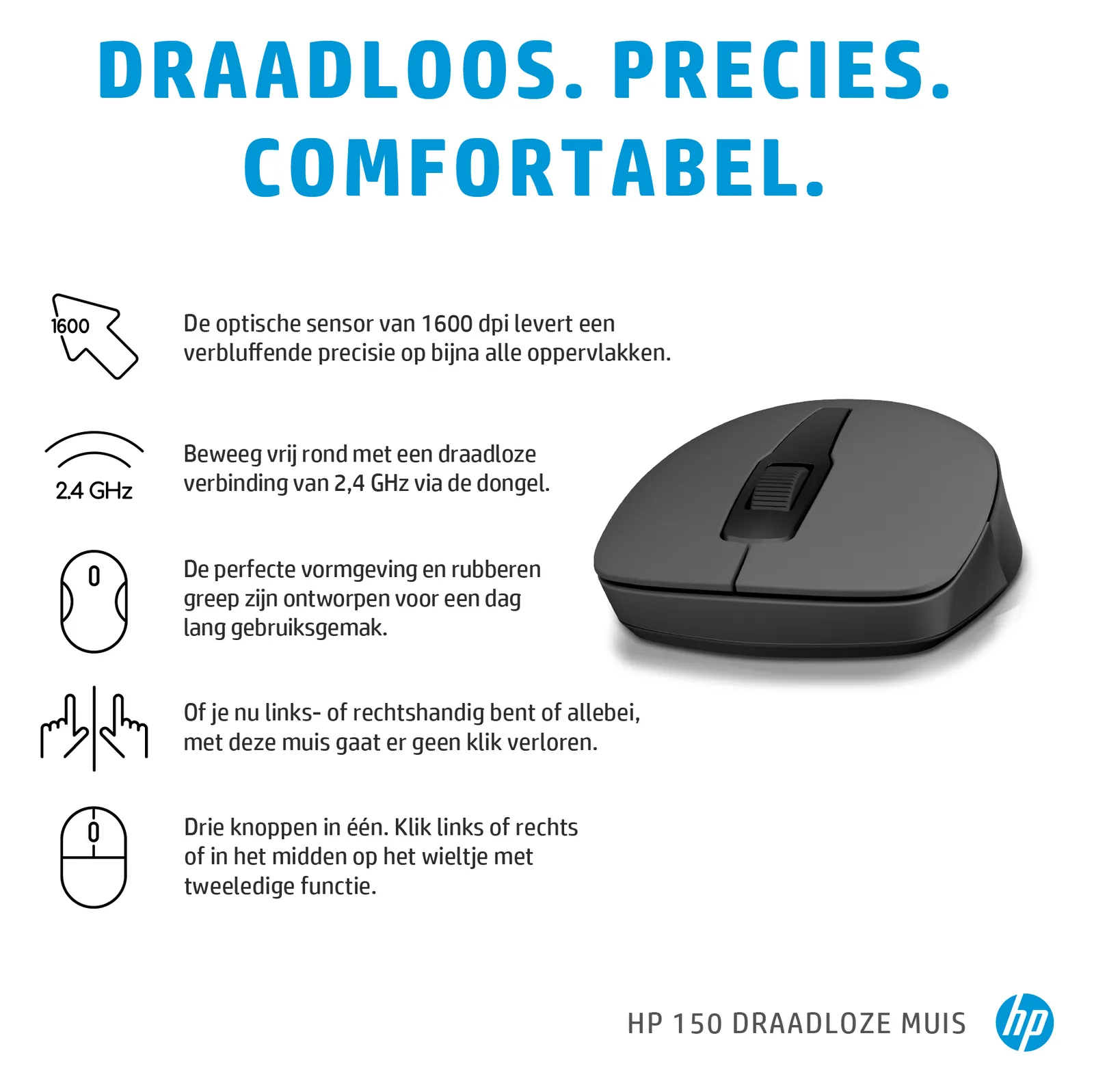 HP 150 - Maus - Für Rechtshänder - optisch - 3 Tasten - kabellos - 2.4 GHz - kabelloser Empfänger (USB), Ansicht 2