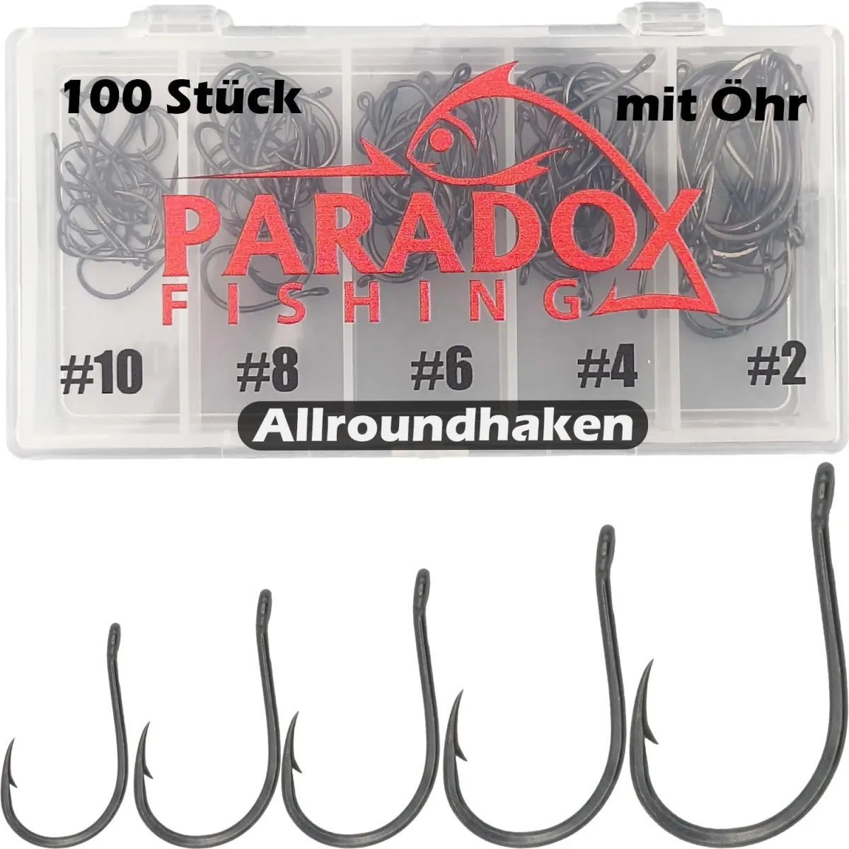 Paradox Fishing Allround-Angelhaken mit Öhr I 100 Stück #10/#8/#6/#4/#2 - je 20 Stück I Angelhaken Set für Karpfen, Forelle etc.