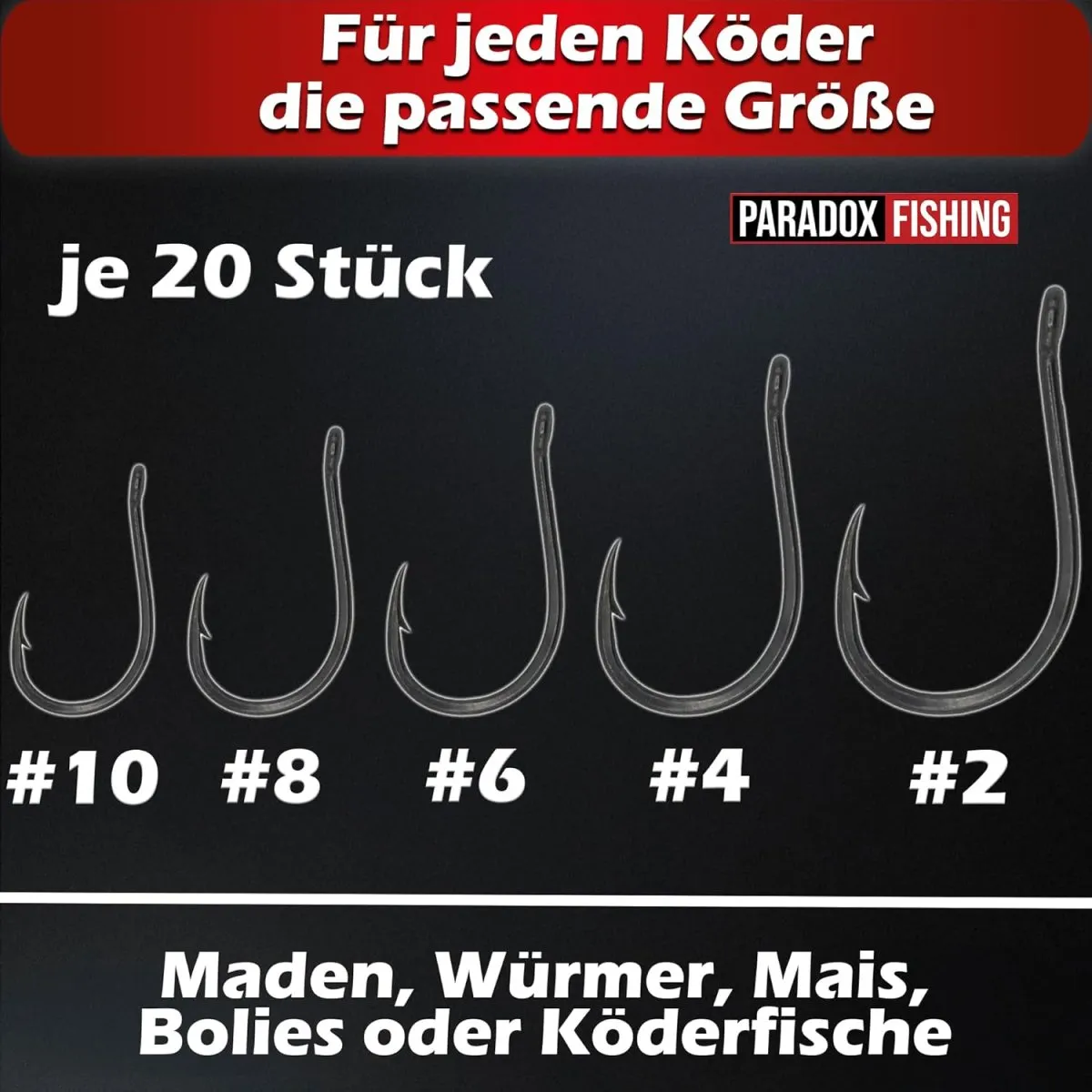 Paradox Fishing Allround-Angelhaken mit Öhr I 100 Stück #10/#8/#6/#4/#2 - je 20 Stück I Angelhaken Set für Karpfen, Forelle etc. — Bild 2