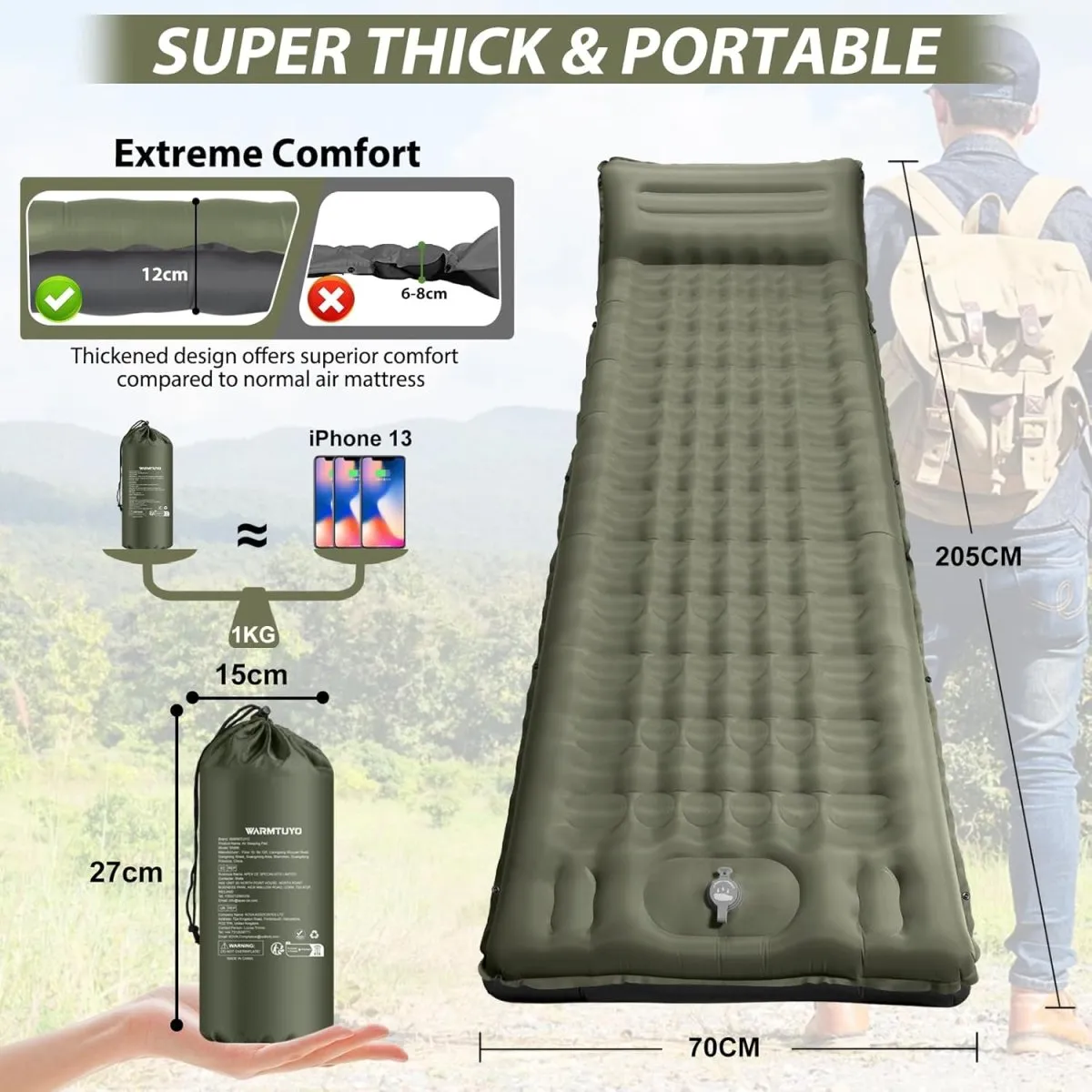 Isomatte Camping, 12CM Verdicktes Aufblasbare Matratze Kleines Packmaß, Wasserdicht Luftmatratze Outdoor mit Fußpressepumpe und Kissen, Anti-Ripstop Schlafmatte für Wandern und Strand — Bild 2