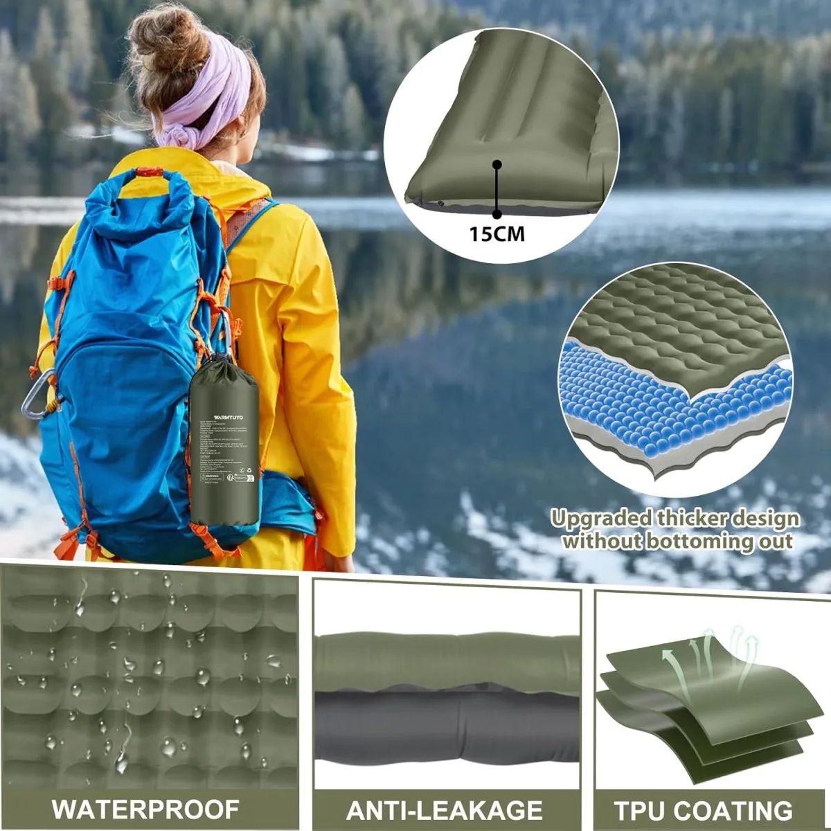 Isomatte Camping, 12CM Verdicktes Aufblasbare Matratze Kleines Packmaß, Wasserdicht Luftmatratze Outdoor mit Fußpressepumpe und Kissen, Anti-Ripstop Schlafmatte für Wandern und Strand — Bild 5