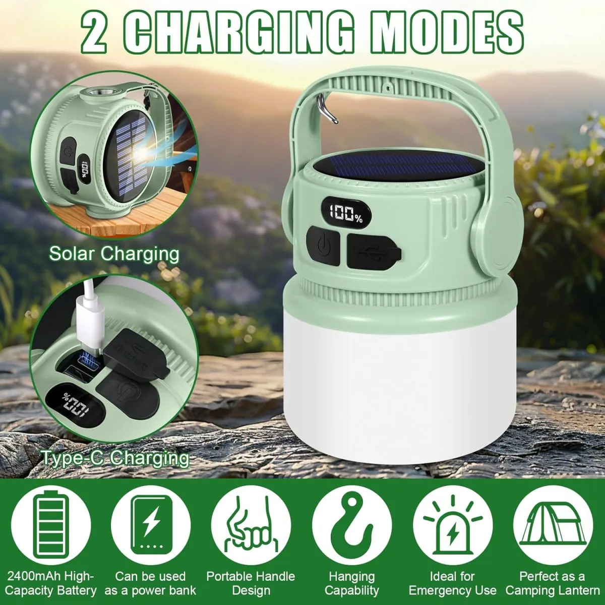 2400mAh Camping Laterne mit Haken 6 Leuchtmodi Dimmbar, Superhell Zeltlampe Notlicht für Stromausfall,IPX5 Wasserdicht Outdoor Lampe für Wandern Angeln Notfälle — Bild 2