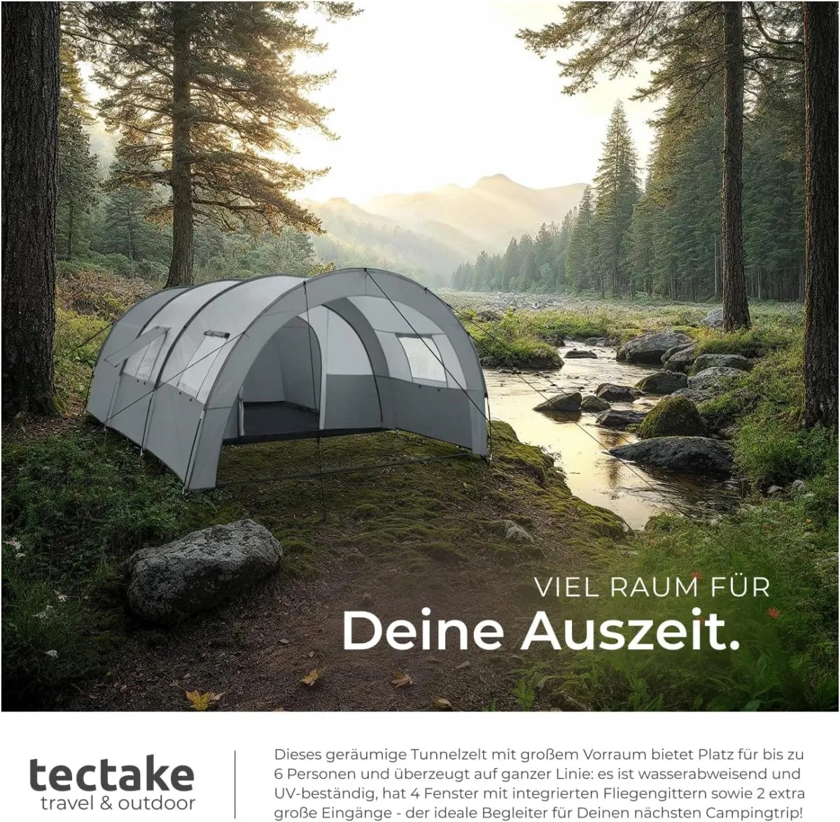 Tunnelzelt, 6 Personen, Familienzelt, Zelt groß mit Vorzelt und Bodenplane, UV-Schutz, Camping Zelt inkl. Tragetasche, 350 x 480 x 195 cm - dunkelgrau/hellgrau — Bild 5