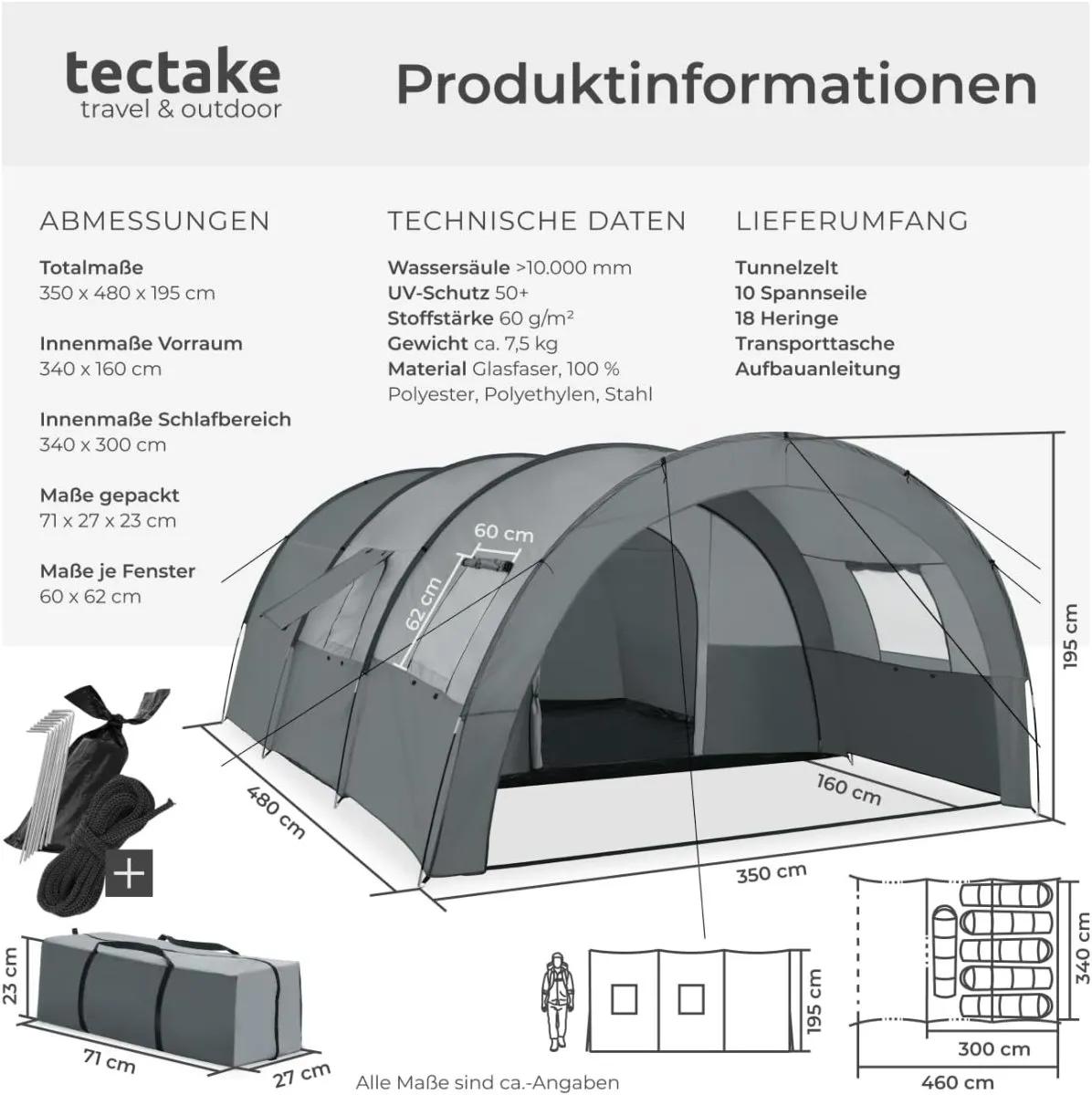 Tunnelzelt, 6 Personen, Familienzelt, Zelt groß mit Vorzelt und Bodenplane, UV-Schutz, Camping Zelt inkl. Tragetasche, 350 x 480 x 195 cm - dunkelgrau/hellgrau — Bild 6