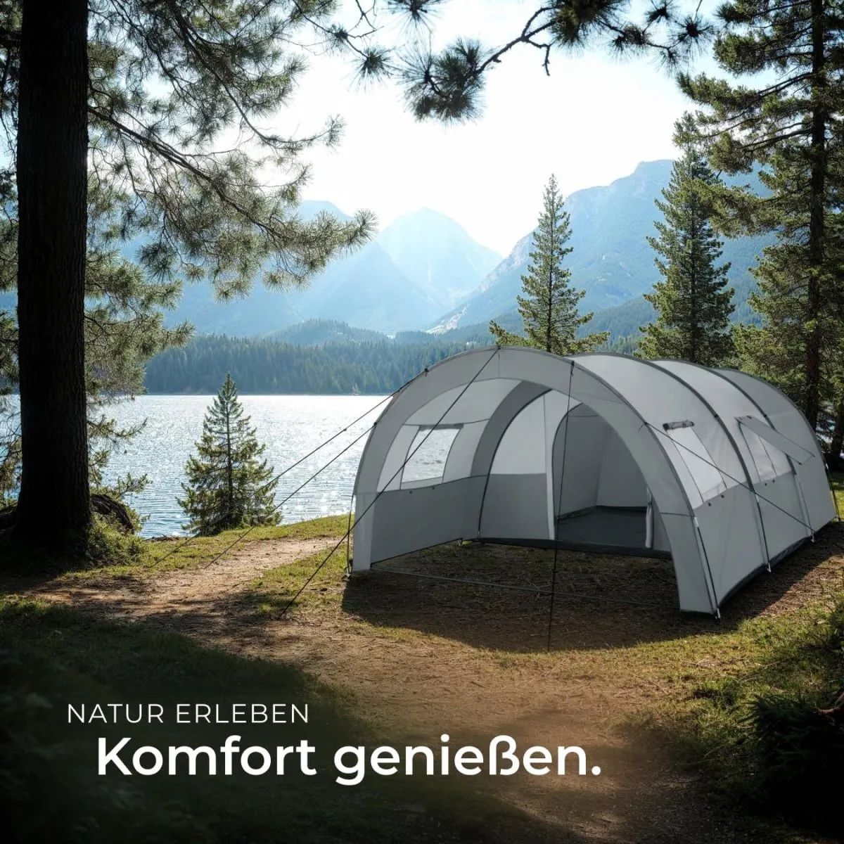 Tunnelzelt, 6 Personen, Familienzelt, Zelt groß mit Vorzelt und Bodenplane, UV-Schutz, Camping Zelt inkl. Tragetasche, 350 x 480 x 195 cm - dunkelgrau/hellgrau — Bild 7