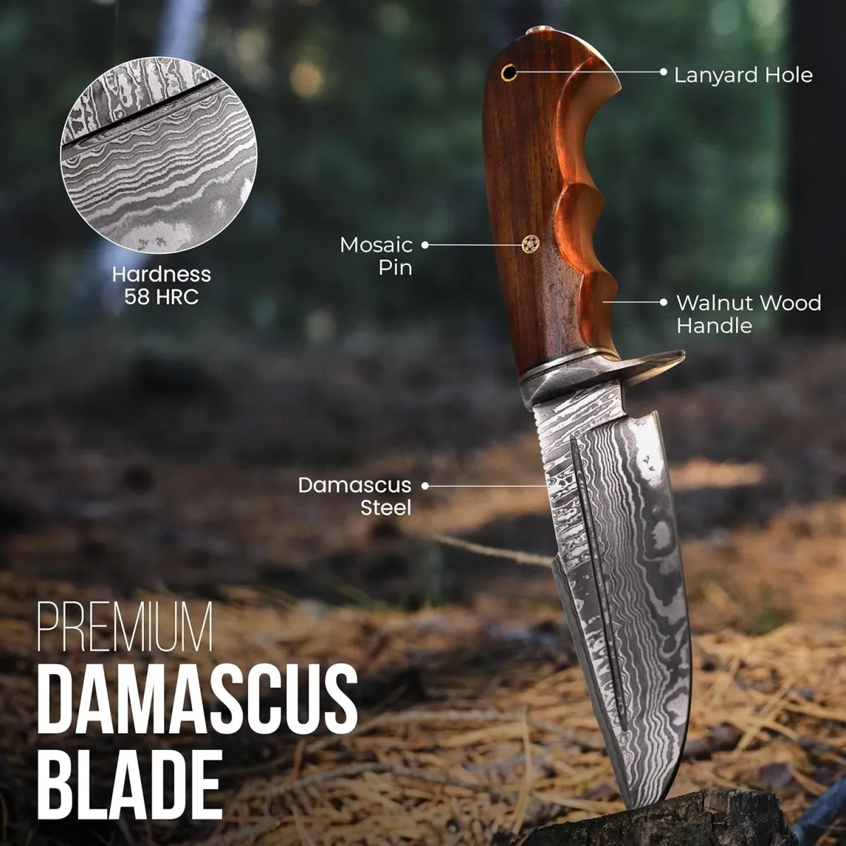 Messer Outdoor, Outdoor Messer, Halsmesser - Feststehende Klinge, 14 CM Damaststahl, Walnussholzgriff, Härte über 58 HRC, Lederscheide, Einfach zu schärfen, Schärfe bleibt erhalten, ca. 200 Lagen — Bild 3