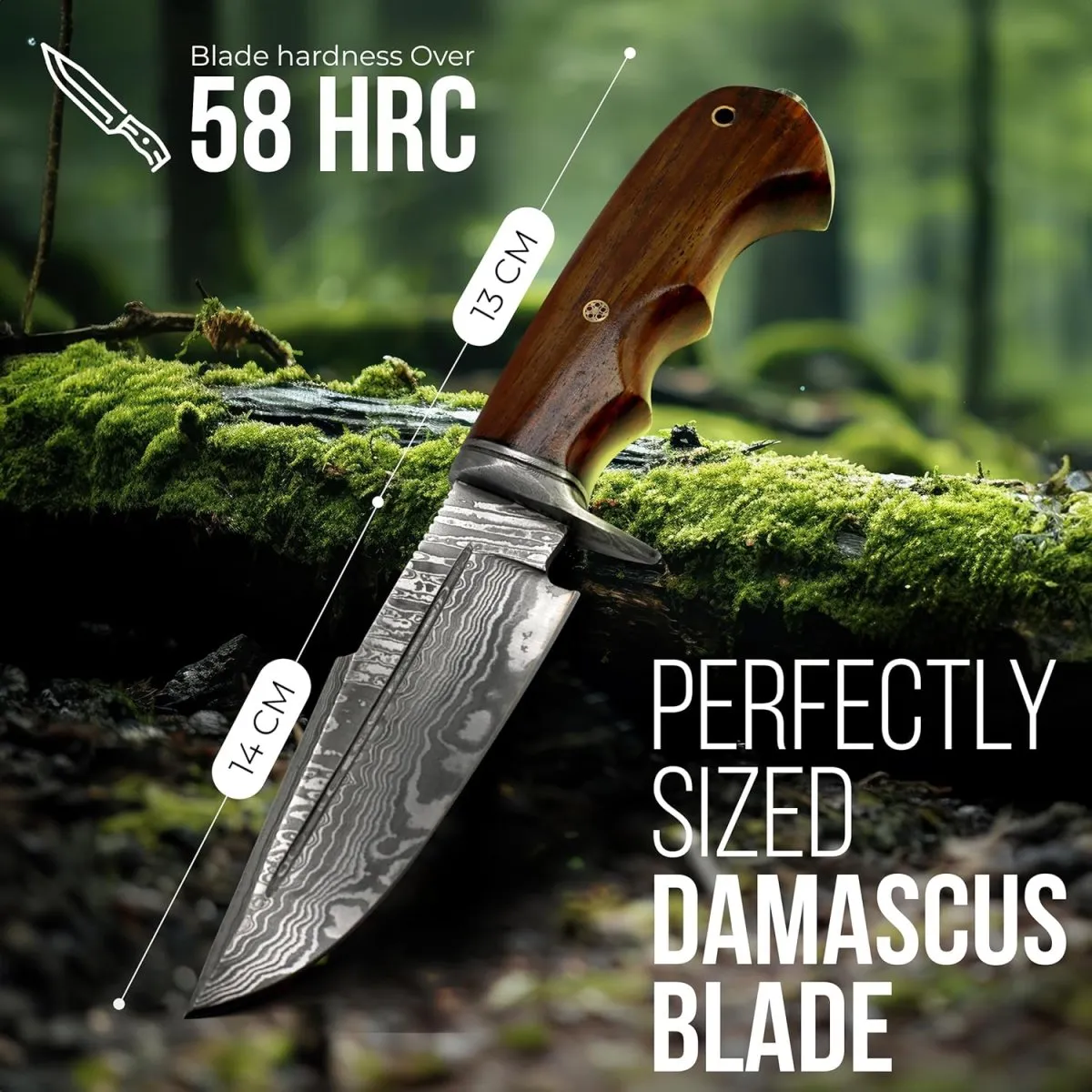 Messer Outdoor, Outdoor Messer, Halsmesser - Feststehende Klinge, 14 CM Damaststahl, Walnussholzgriff, Härte über 58 HRC, Lederscheide, Einfach zu schärfen, Schärfe bleibt erhalten, ca. 200 Lagen — Bild 4