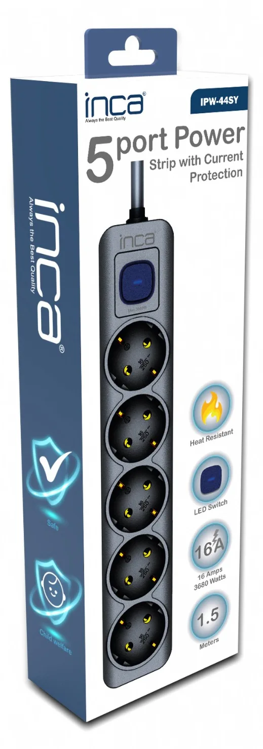 INCA Steckdosenleiste IPW-44SY 5fach LED Anz. Black 1.5m - Steckdosenleiste, Ansicht 4