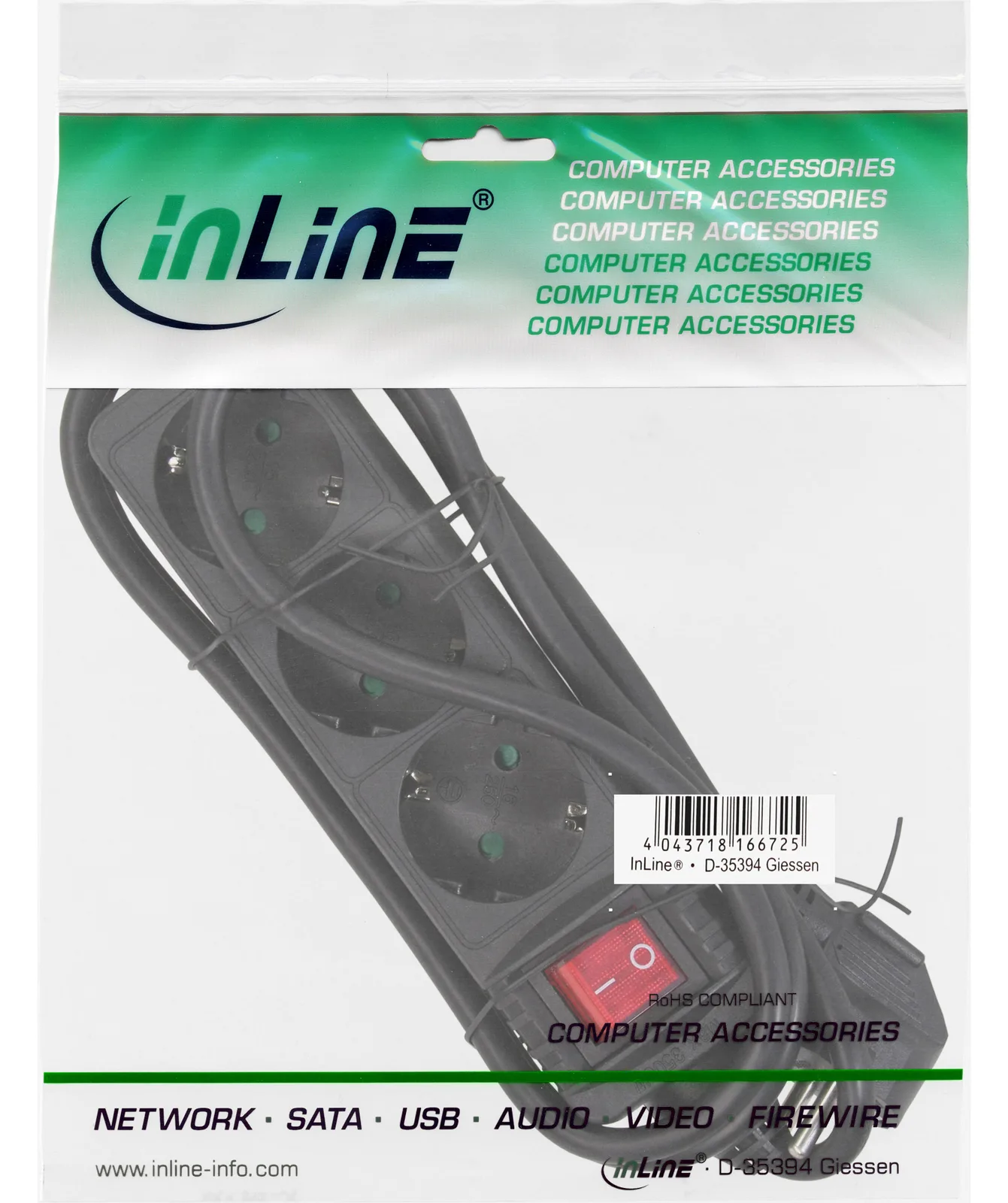 InLine Steckdosenleiste - 3-fach Schutzkontakt - mit Schalter - schwarz - 1,5m, Ansicht 3