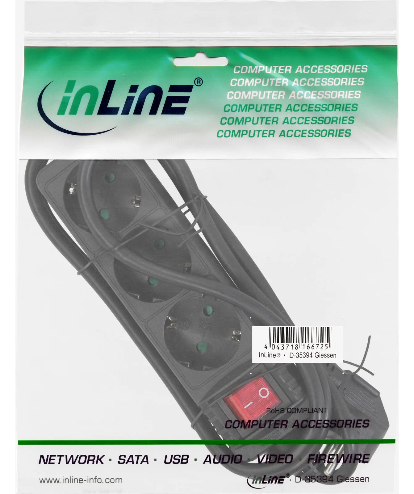 InLine Steckdosenleiste - 3-fach Schutzkontakt - mit Schalter - schwarz - 1,5m, Ansicht 4