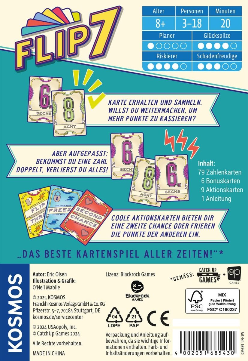 Kosmos 685430 Flip 7, deutsche Ausgabe, Kartenspiel mit schnellem und einfachen Black Jack Prinzip, für 3-18 Personen ab 8 Jahren, Spiel für große Gruppen, nominiert zum Spiel des Jahres 2025 — Bild 2